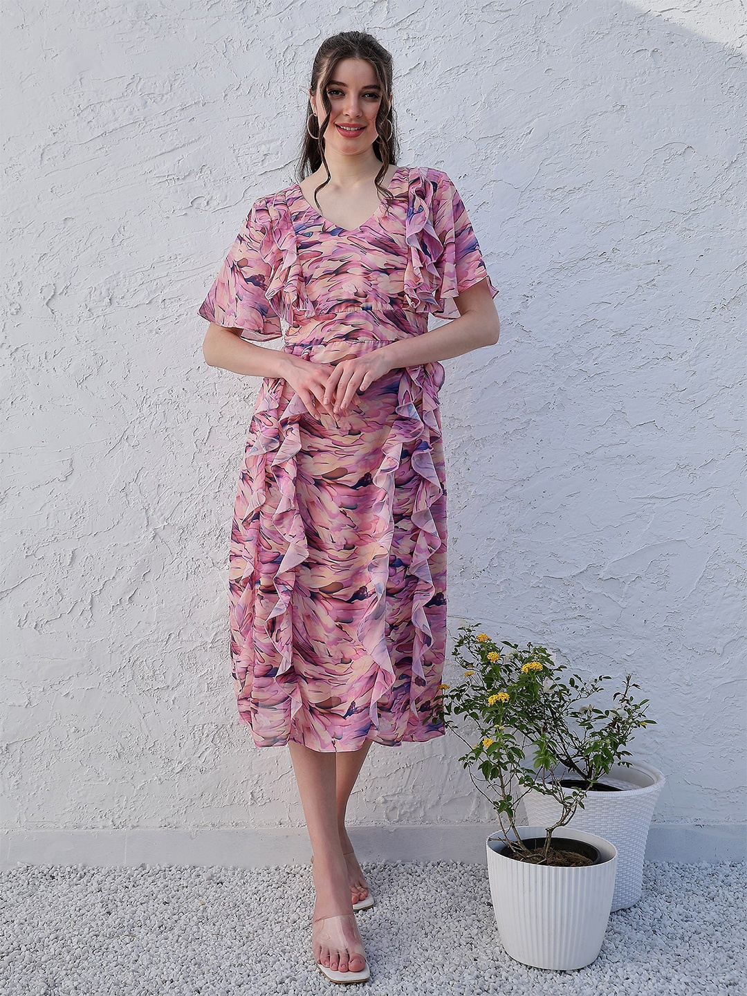 

Athena Lavender Abstract Printed V-Neck Flared Sleeve Ruffled Georgette A-Line Midi Dress