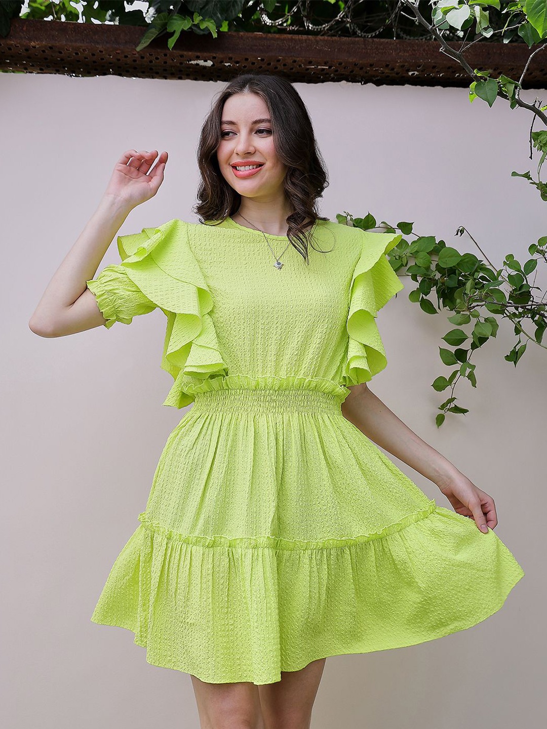 

Athena Green Self Design Round Neck Puff Sleeve Ruffled Seersucker Fit & Flare Dress