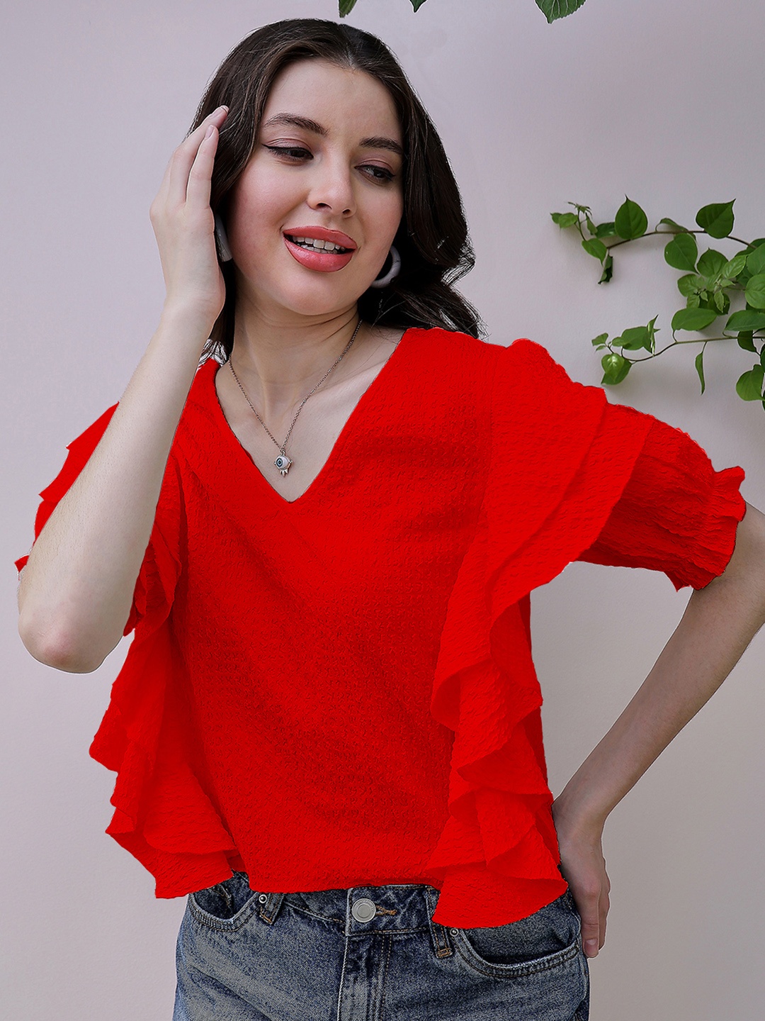 

Athena V Neck Puff Sleeve Ruffles Top, Red