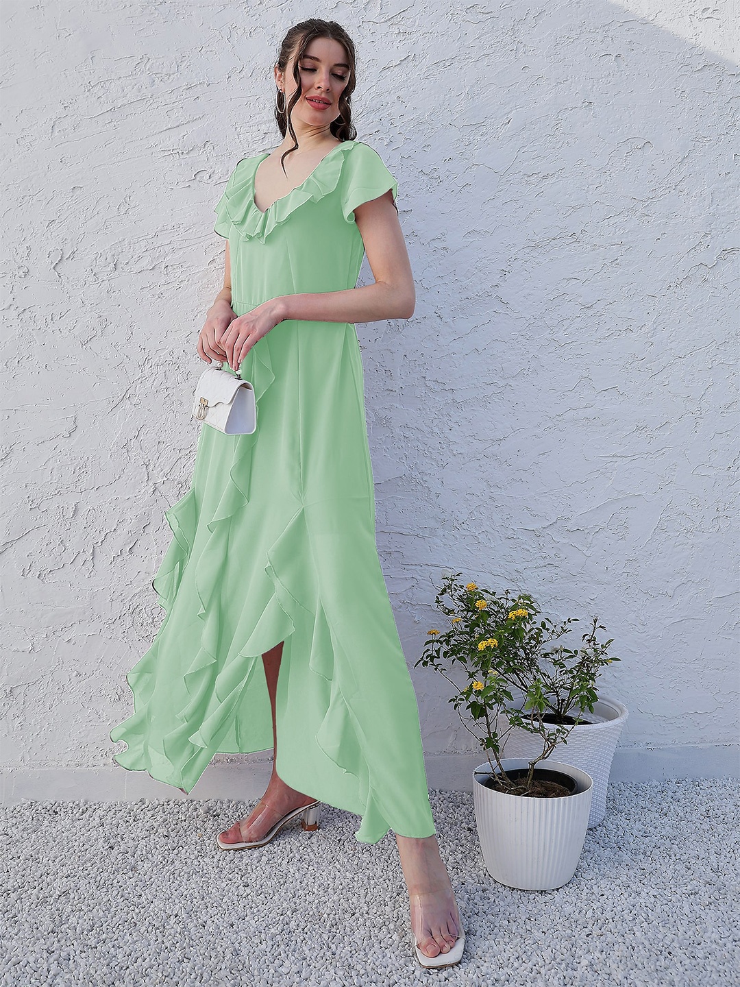 

Athena Green V-Neck Flared Sleeve Ruffled Georgette Maxi Dress