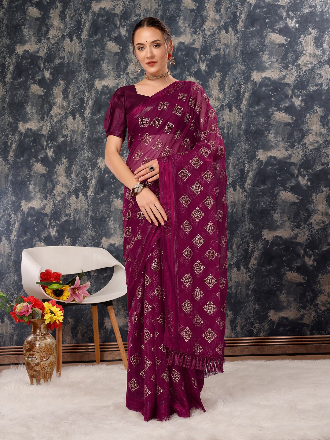 

Mitera Ethnic Motifs Printed Pure Chiffon Saree, Purple