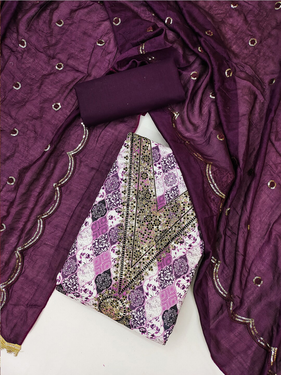 

Lilots Ethnic Motifs Printed Sequinned Pure Cotton Unstitched Dress Material, Magenta