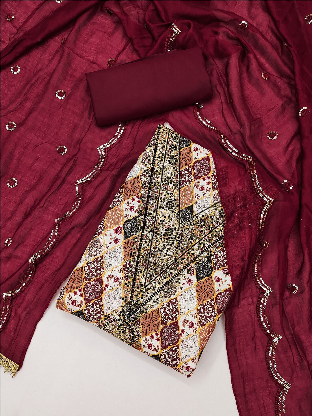 

Lilots Ethnic Motifs Printed Pure Cotton Unstitched Dress Material, Maroon