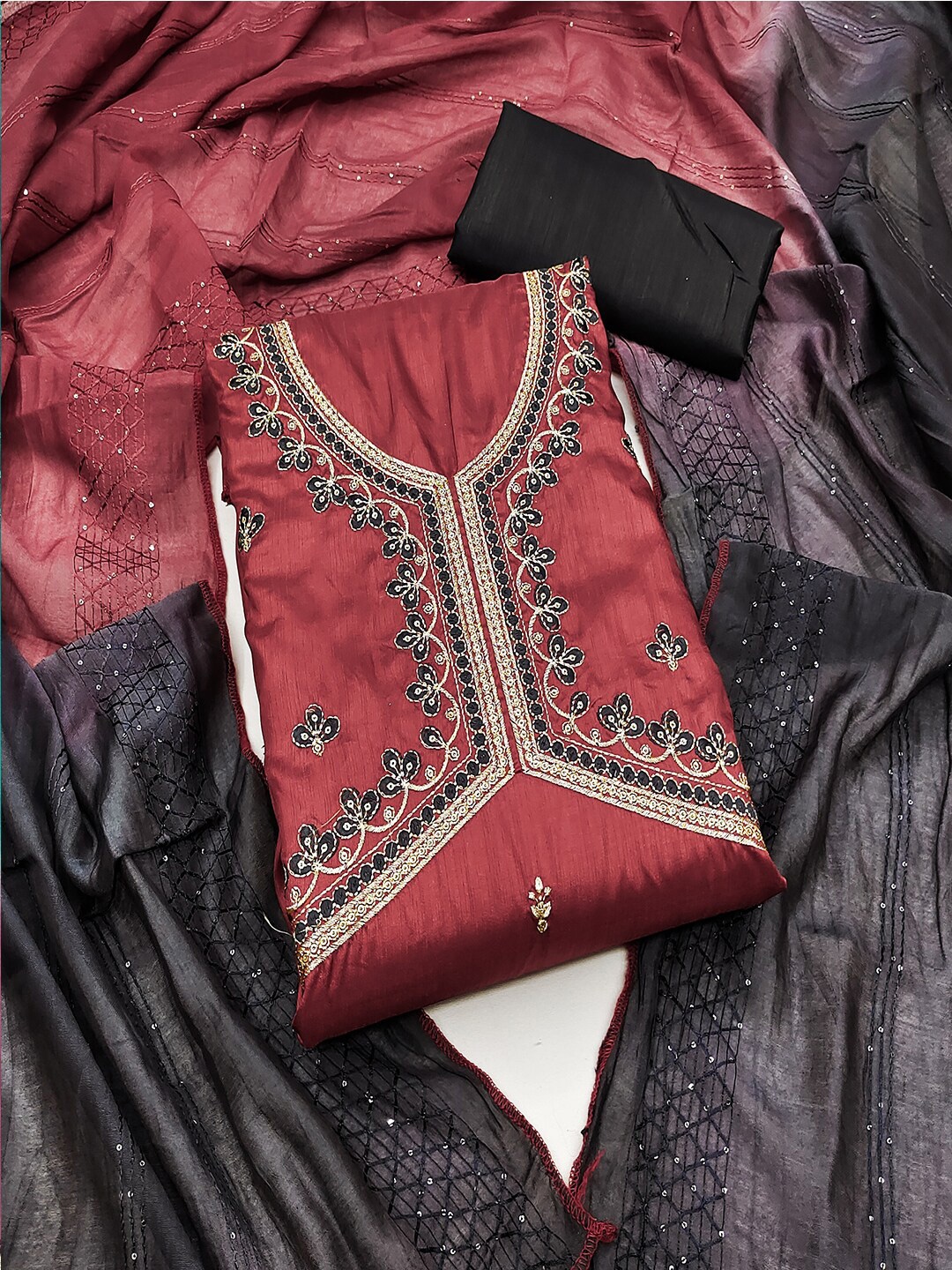 

Lilots Floral Embroidered Sequinned Unstitched Dress Material, Maroon