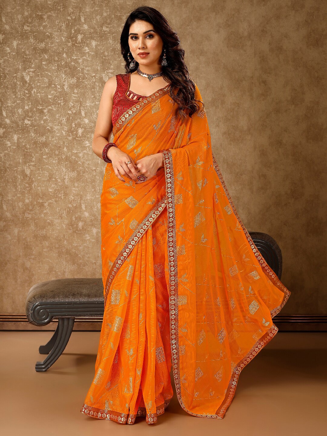 

HERE&NOW Floral Zari Pure Chiffon Saree, Yellow