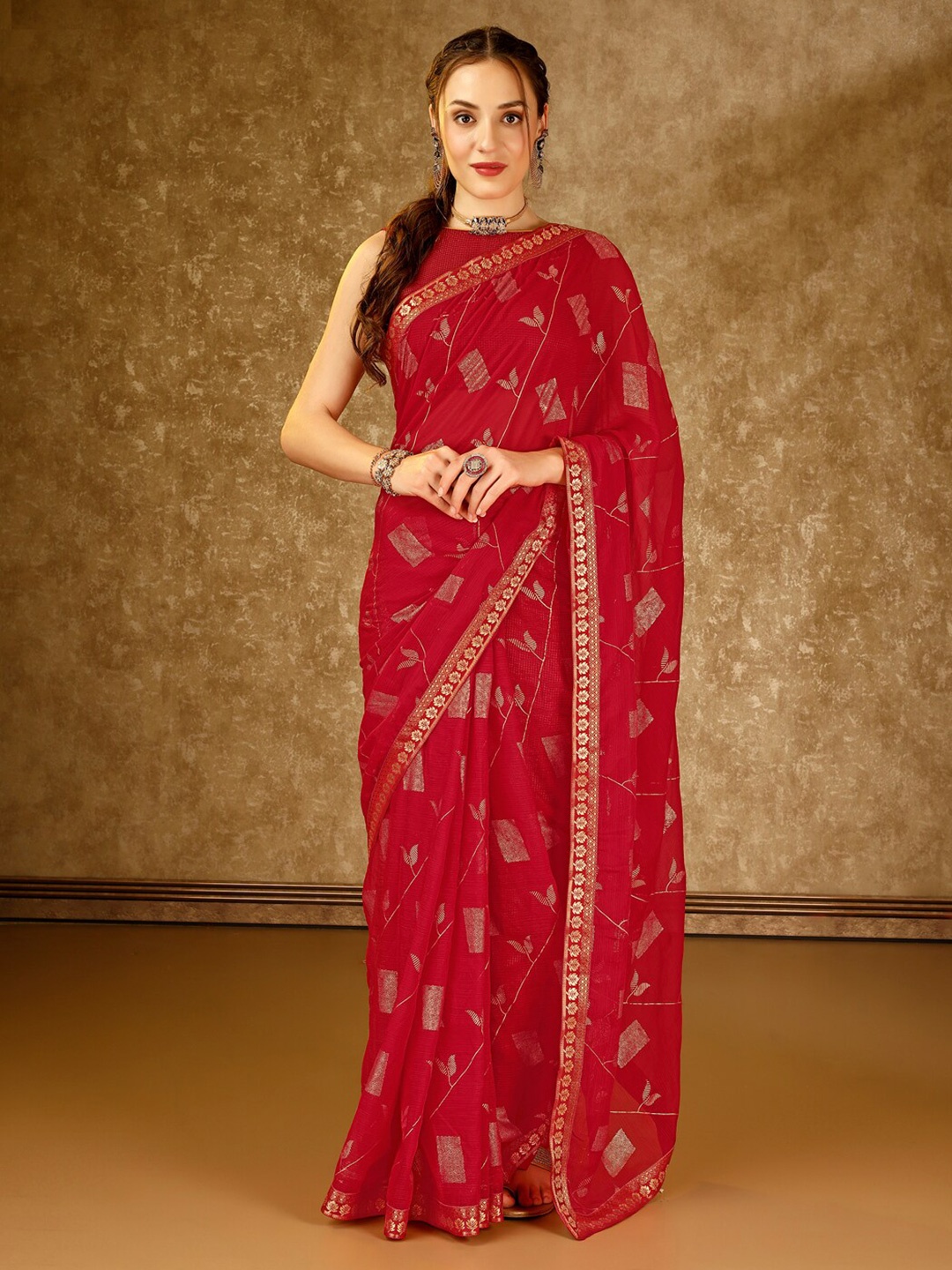 

HERE&NOW Geometric Printed Zari Pure Chiffon Saree, Red