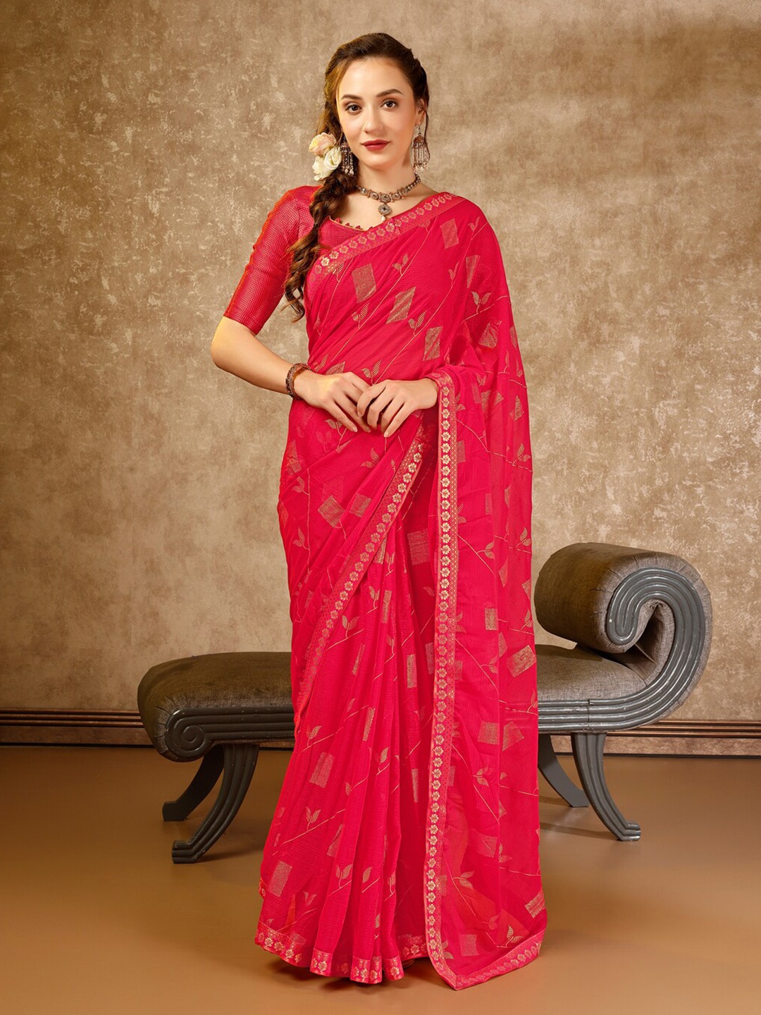 

HERE&NOW Floral Printed Zari Pure Chiffon Saree, Pink