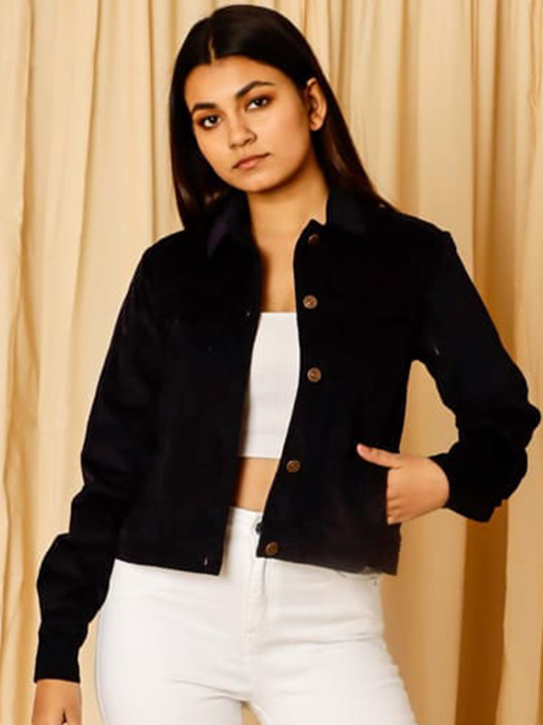 

ELEVEN.O.ONE Long Sleeves Cotton Crop Denim Jacket, Navy blue