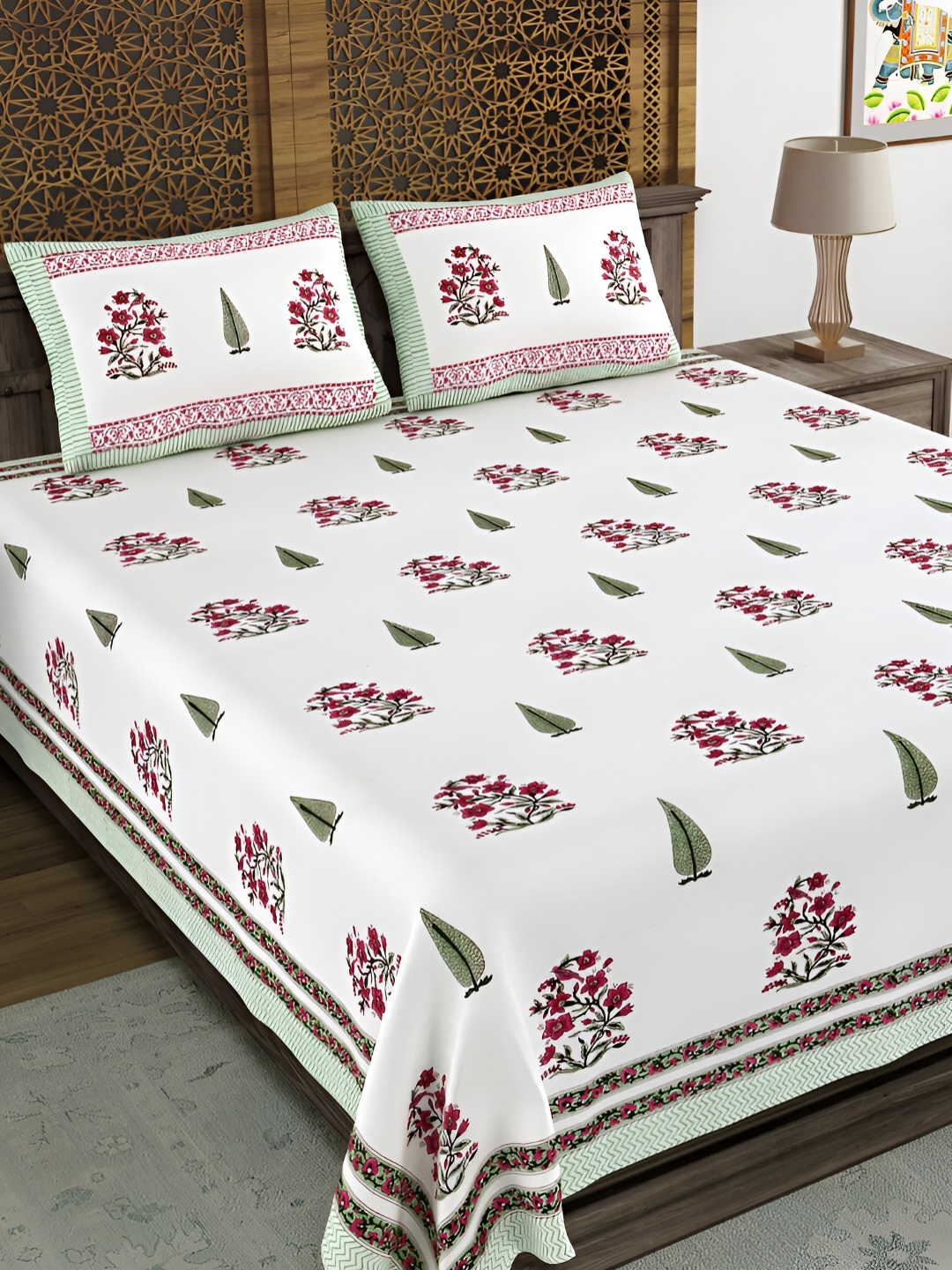 

BLOCKS OF INDIA White & Green Ethnic Motifs Cotton 210 TC King Bedsheet & 2 Pillow Covers