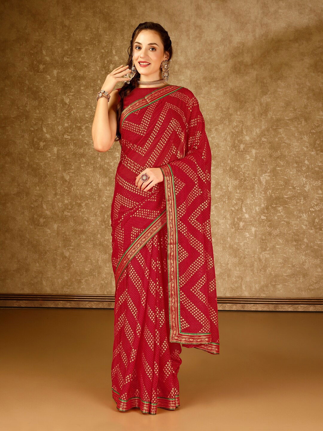 

HERE&NOW Geometric Printed Pure Chiffon Saree, Red