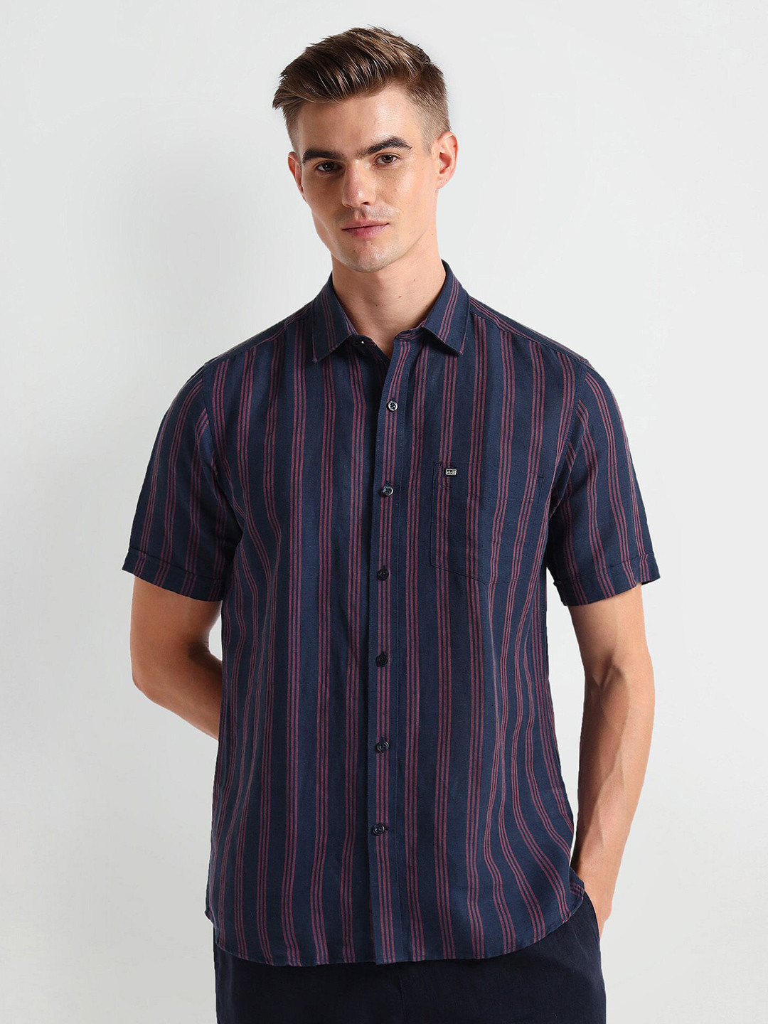 

Arrow Sport Striped Spread Collar Linen Curved Casual Shirt, Blue