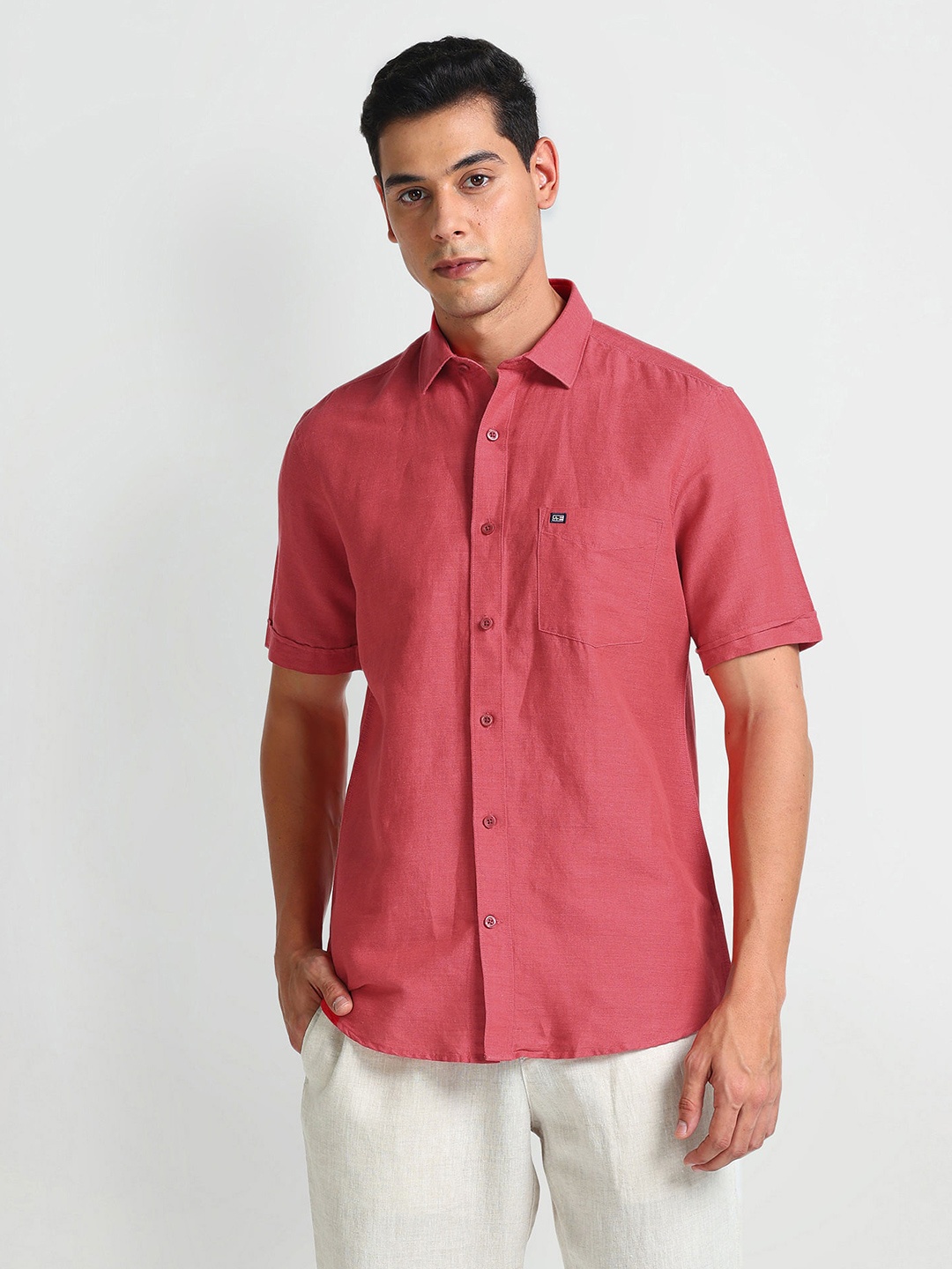 

Arrow Sport Spread Collar Linen Curved Casual Shirt, Pink