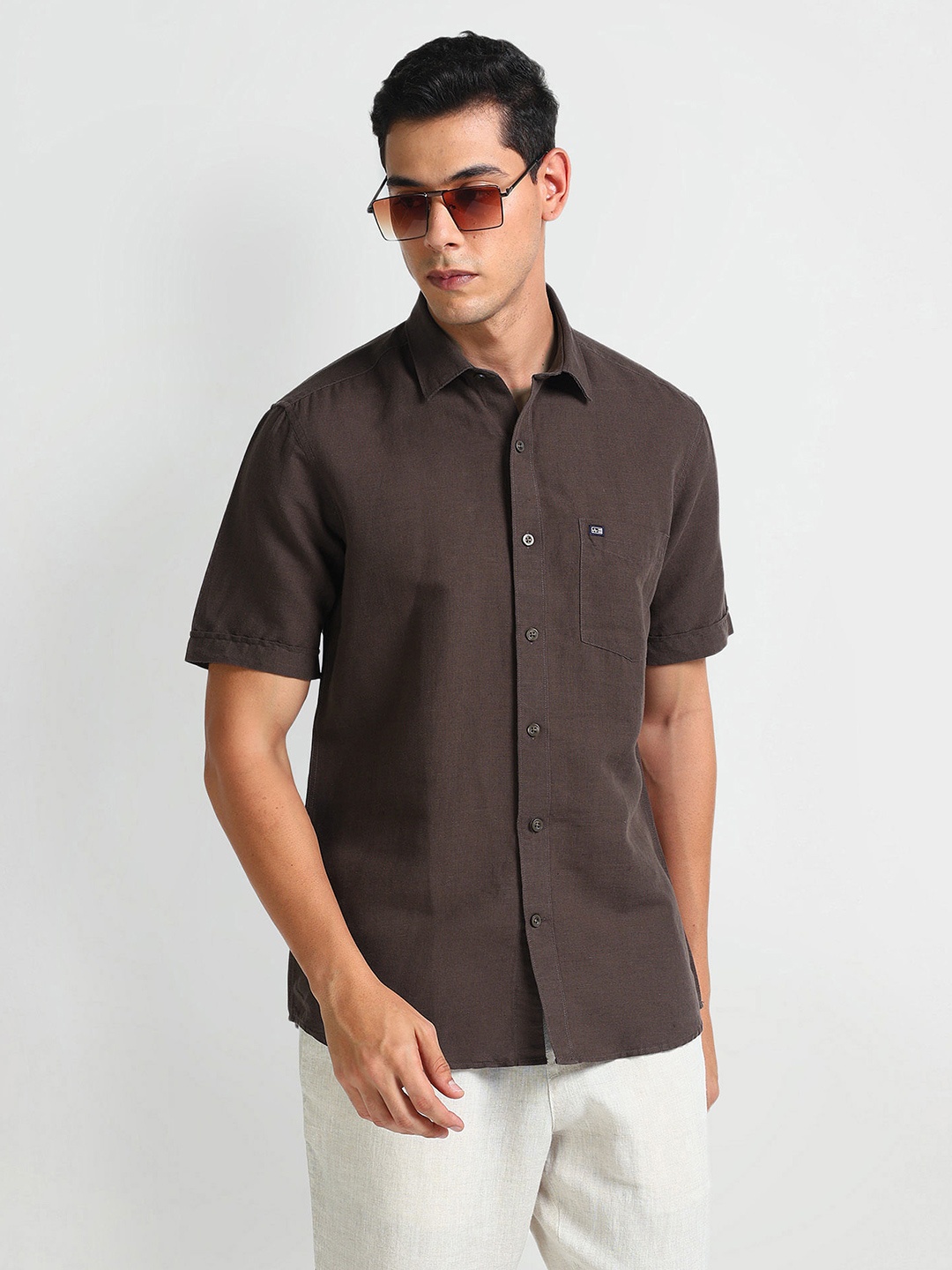 

Arrow Sport Spread Collar Curved Linen Casual Shirt, Brown