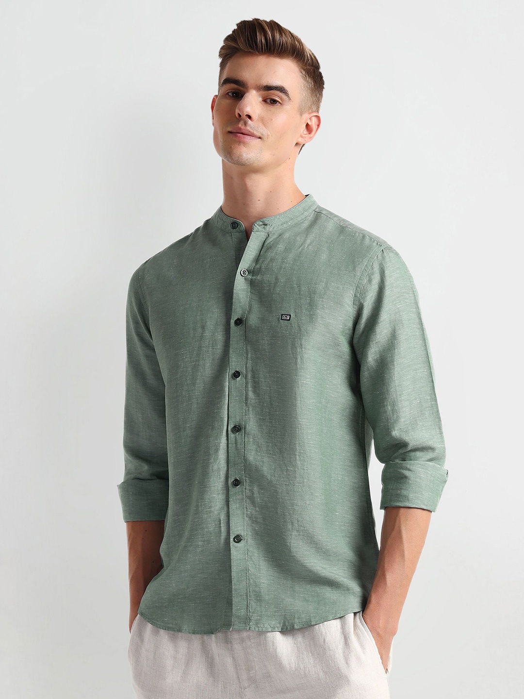 

Arrow Sport Slim Fit Mandarin Collar Cotton Shirt, Green