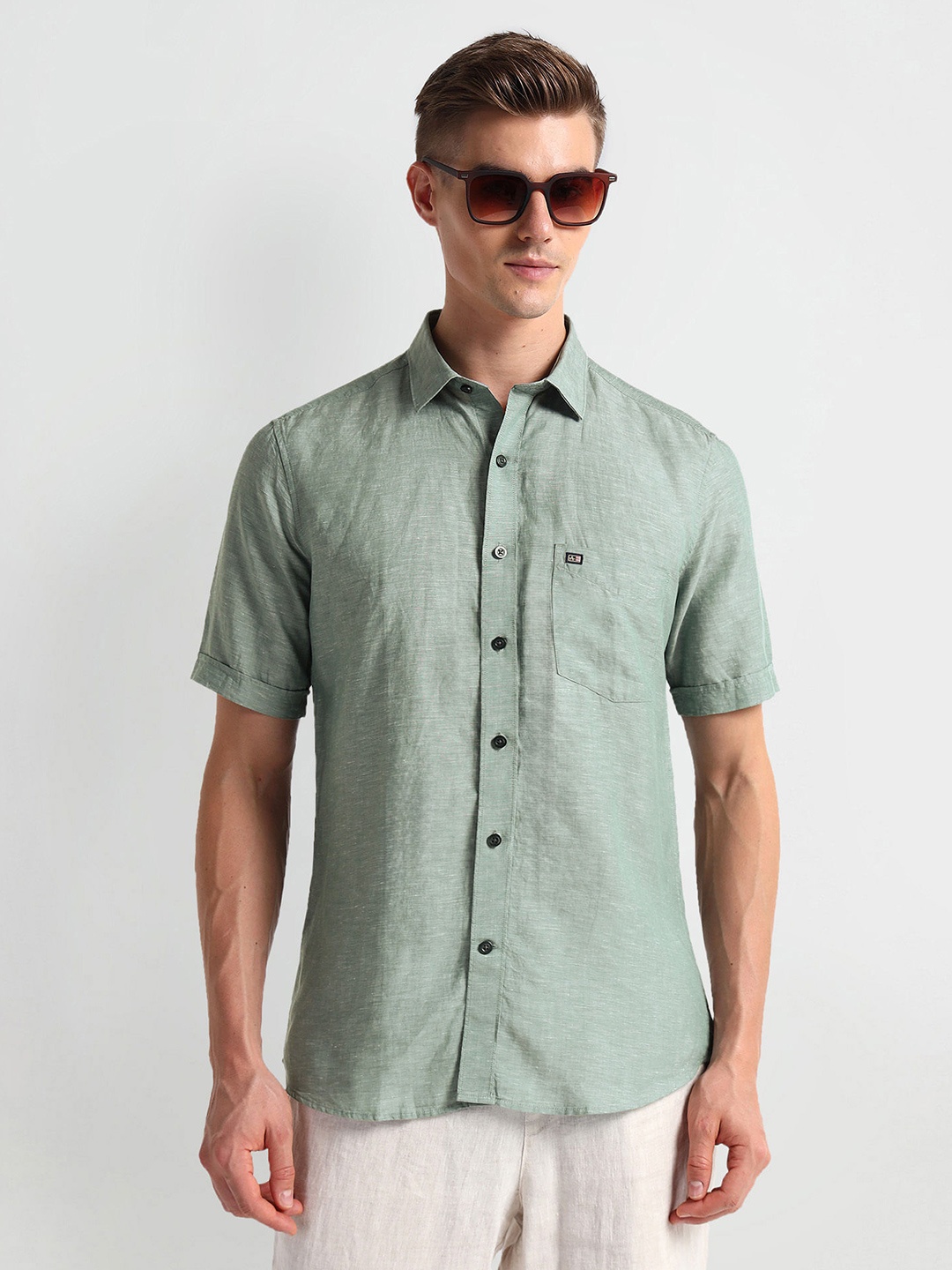 

Arrow Sport Spread Collar Linen Curved Casual Shirt, Green