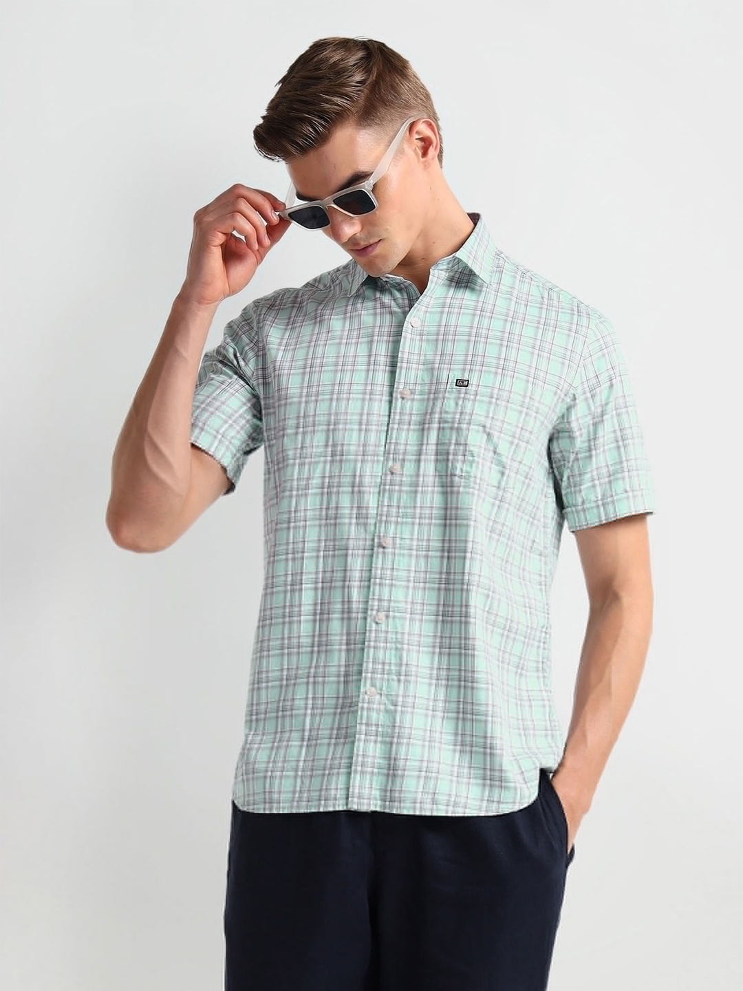 

Arrow Sport Checked Spread Collar Cotton Curved Casual Shirt, Blue