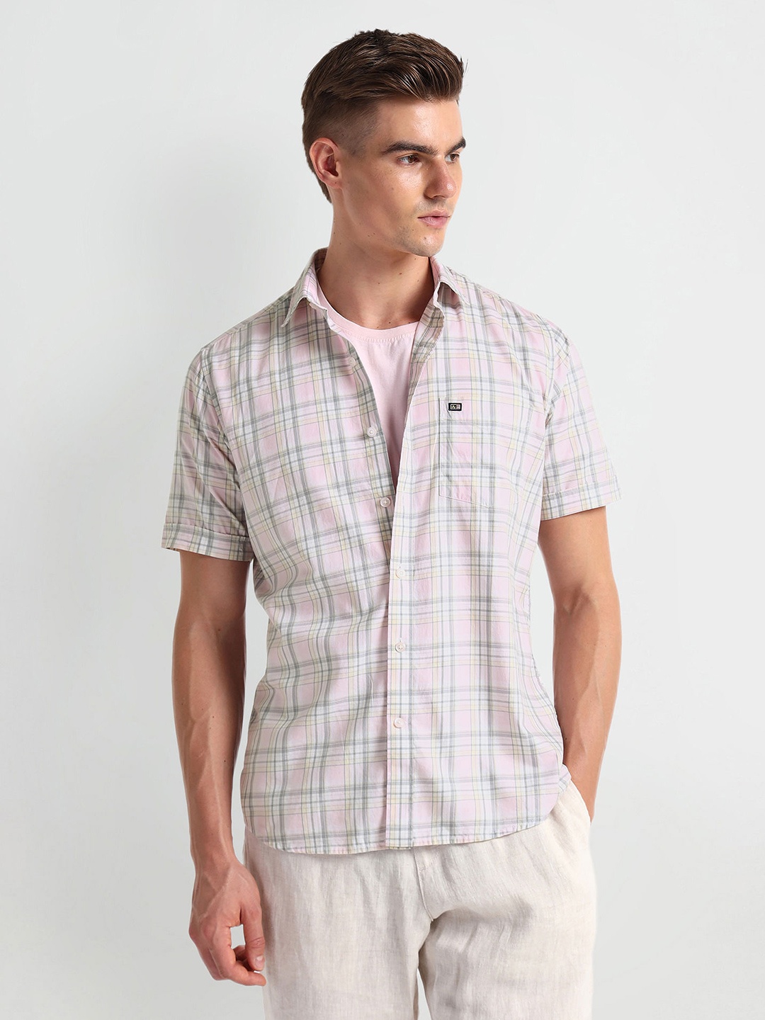 

Arrow Sport Checked Spread Collar Cotton Curved Casual Shirt, Pink