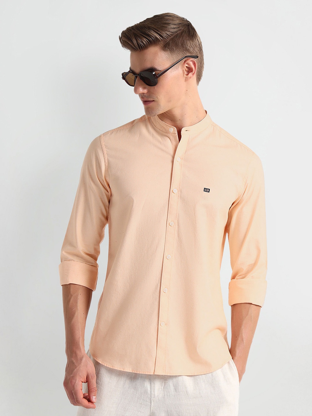 

Arrow Sport Mandarin Collar Curved Cotton Slim Fit Casual Shirt, Orange