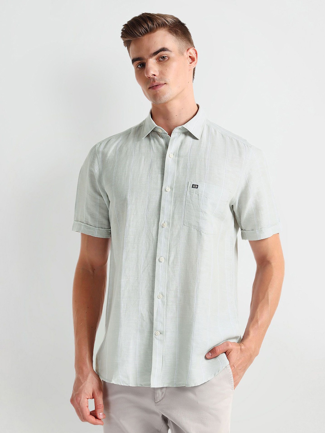 

Arrow Sport Spread Collar Striped Linen Casual Shirt, Green