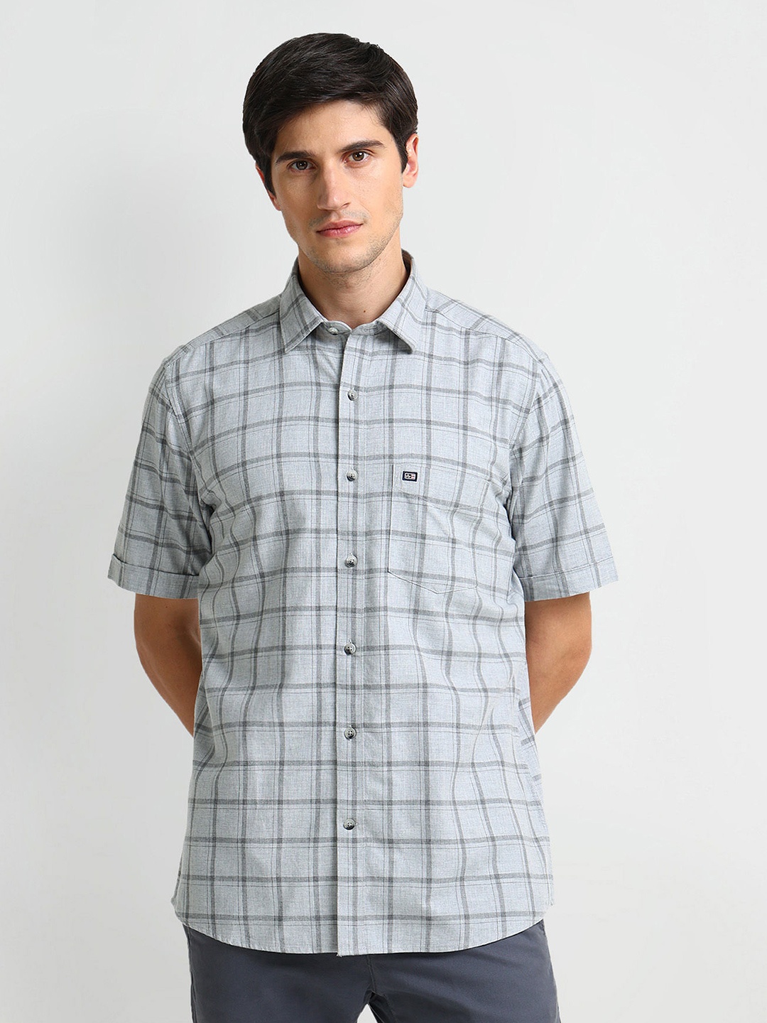 

Arrow Sport Checked Spread Collar Curved Cotton Casual Shirt, Grey