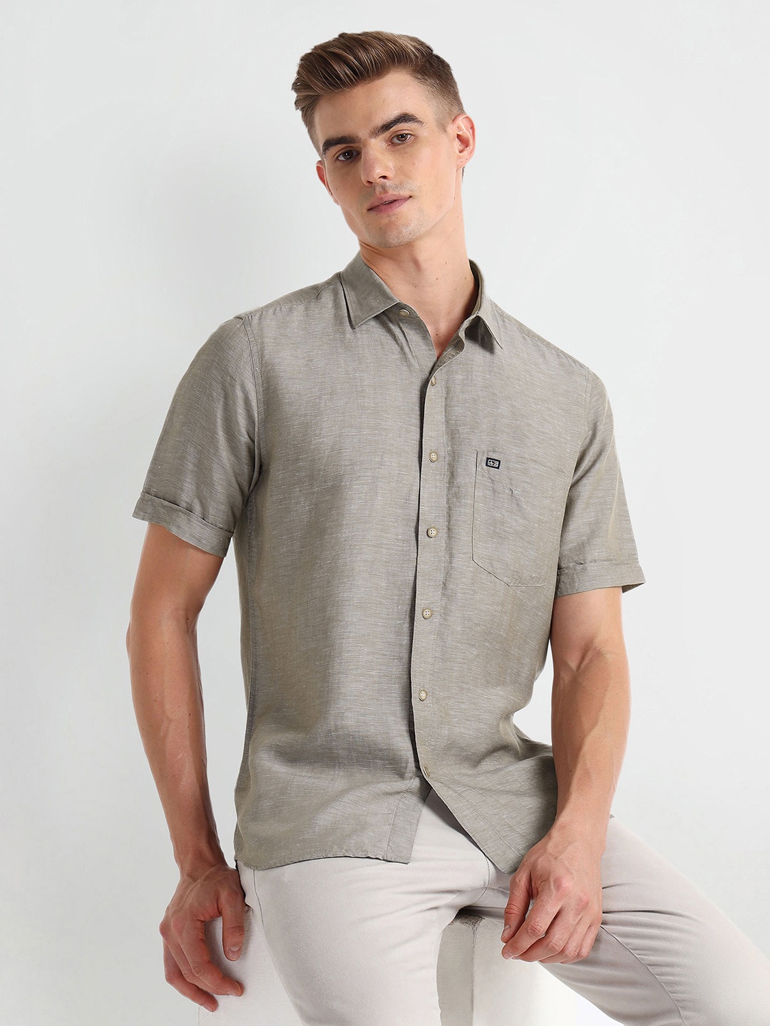 

Arrow Sport Spread Collar Linen Curved Casual Shirt, Brown