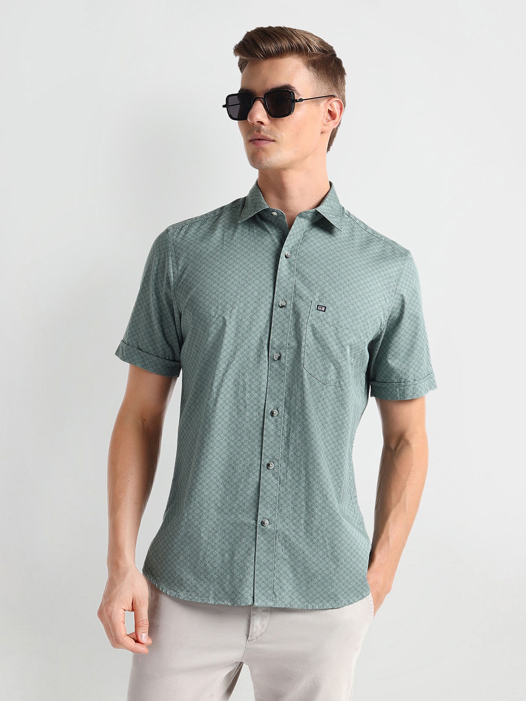 

Arrow Sport Micro Ditsy Printed Spread Collar Curved Cotton Casual Shirt, Green