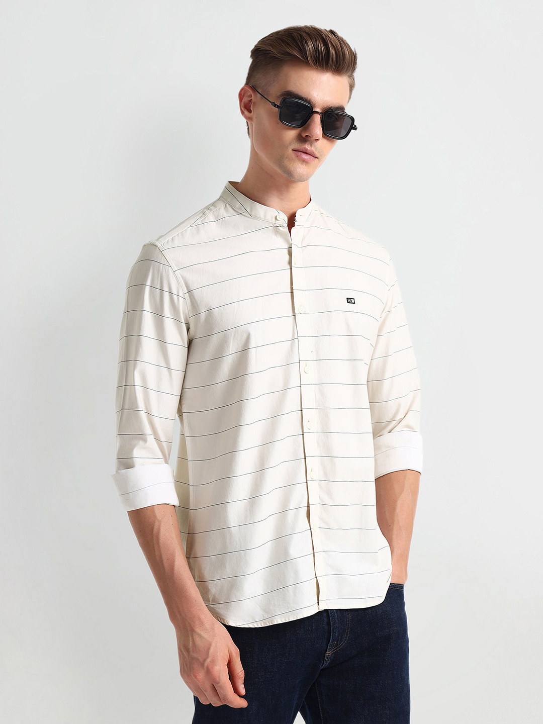 

Arrow Sport Striped Mandarin Collar Cotton Slim Fit Casual Shirt, Beige