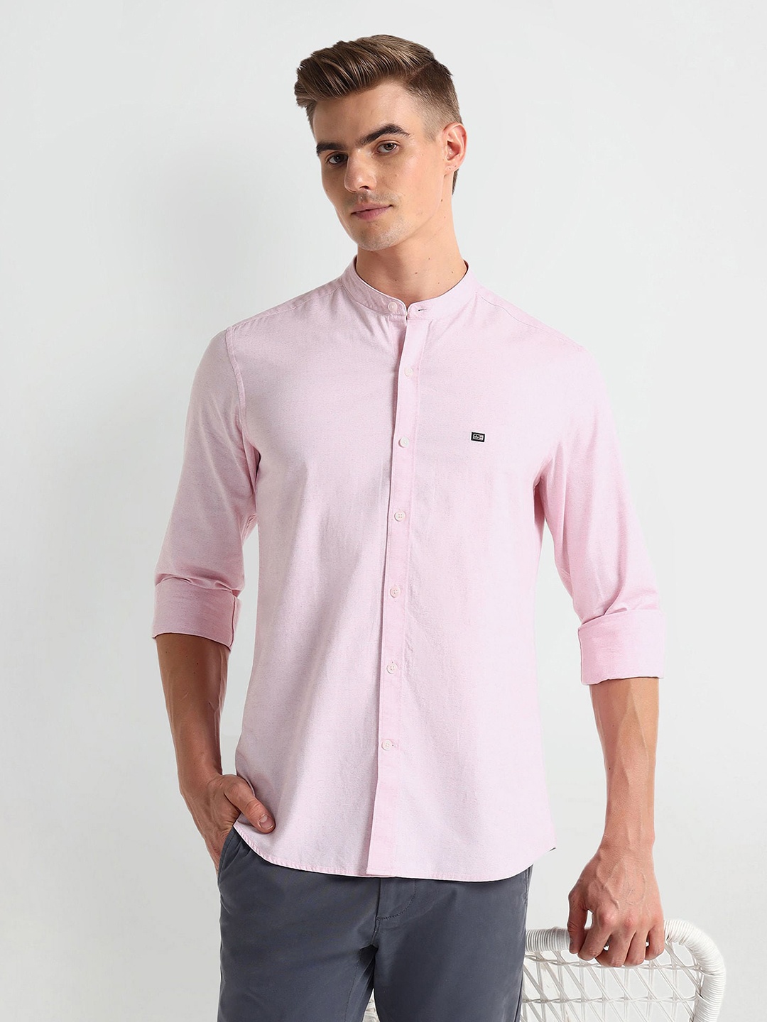 

Arrow Sport Mandarin Collar Curved Cotton Slim Fit Casual Shirt, Pink