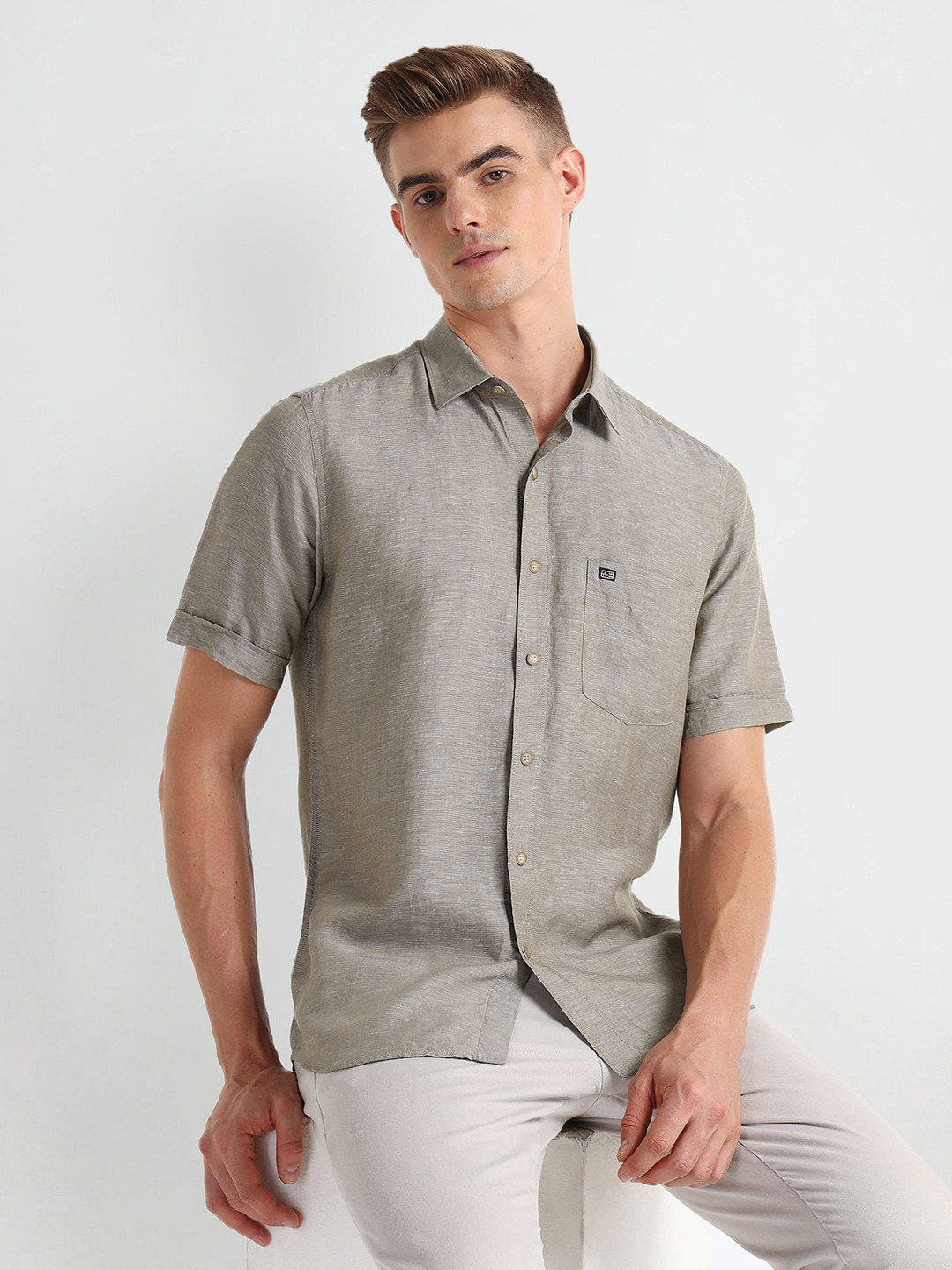 

Arrow Sport Spread Collar Short Sleeve Linen Casual Shirt, Brown