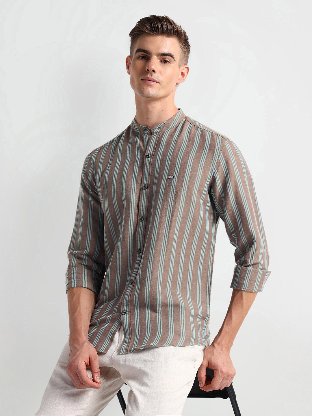 

Arrow Sport Striped Mandarin Collar Curved Linen Slim Fit Casual Shirt, Brown