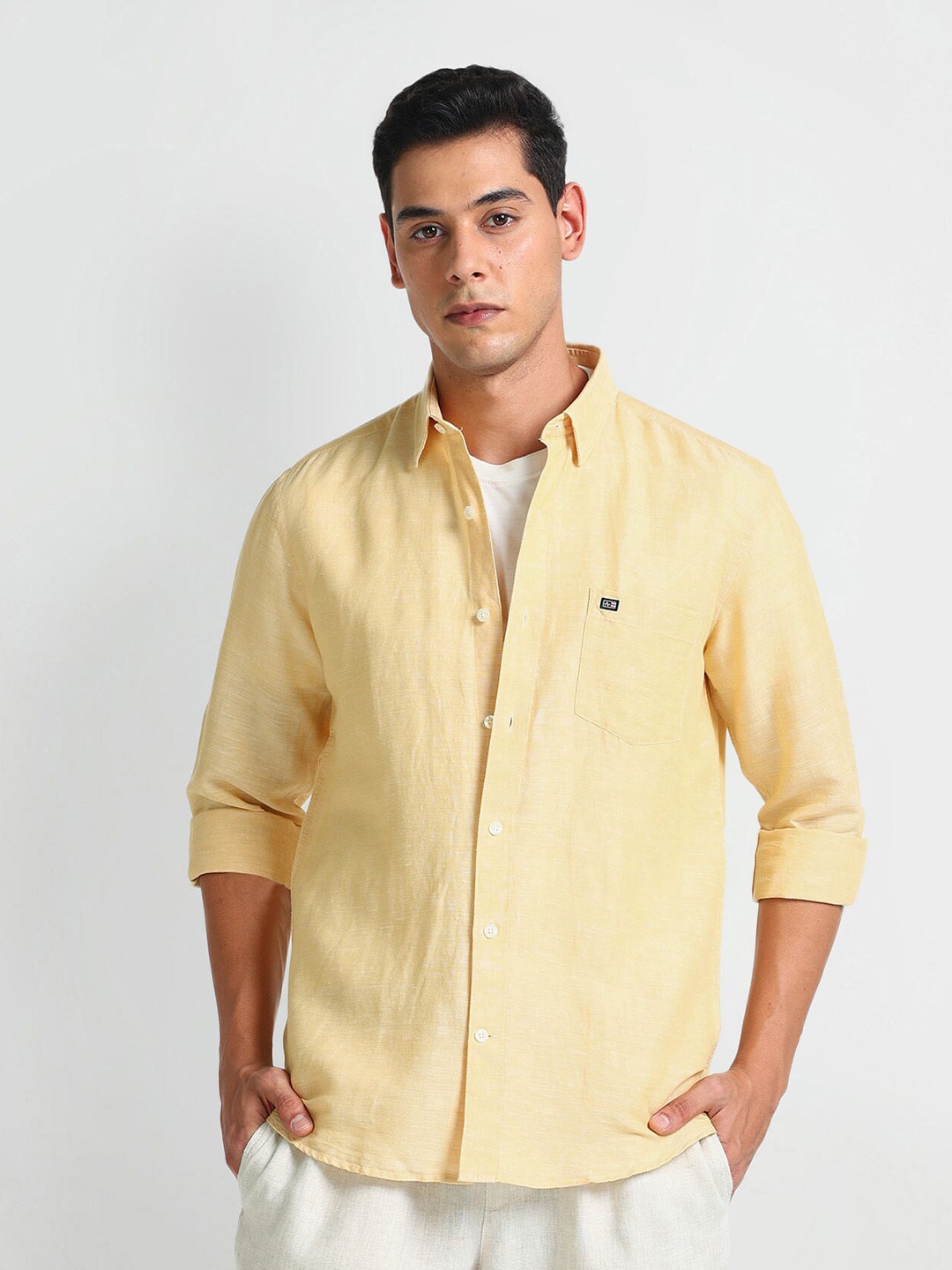 

Arrow Sport Spread Collar Curved Linen Slim Fit Casual Shirt, Yellow