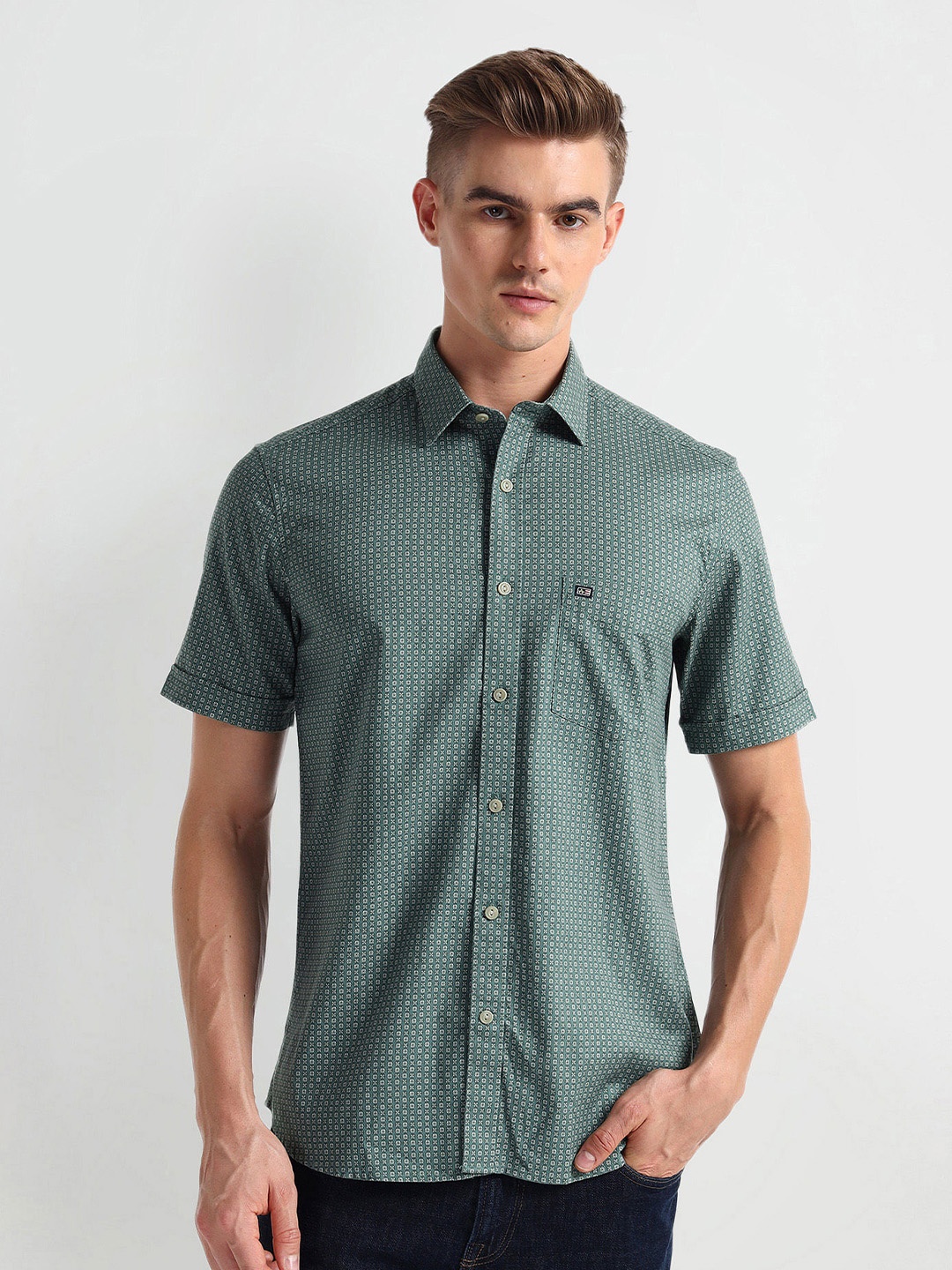 

Arrow Sport Micro Ditsy Printed Spread Collar Curved Cotton Casual Shirt, Green