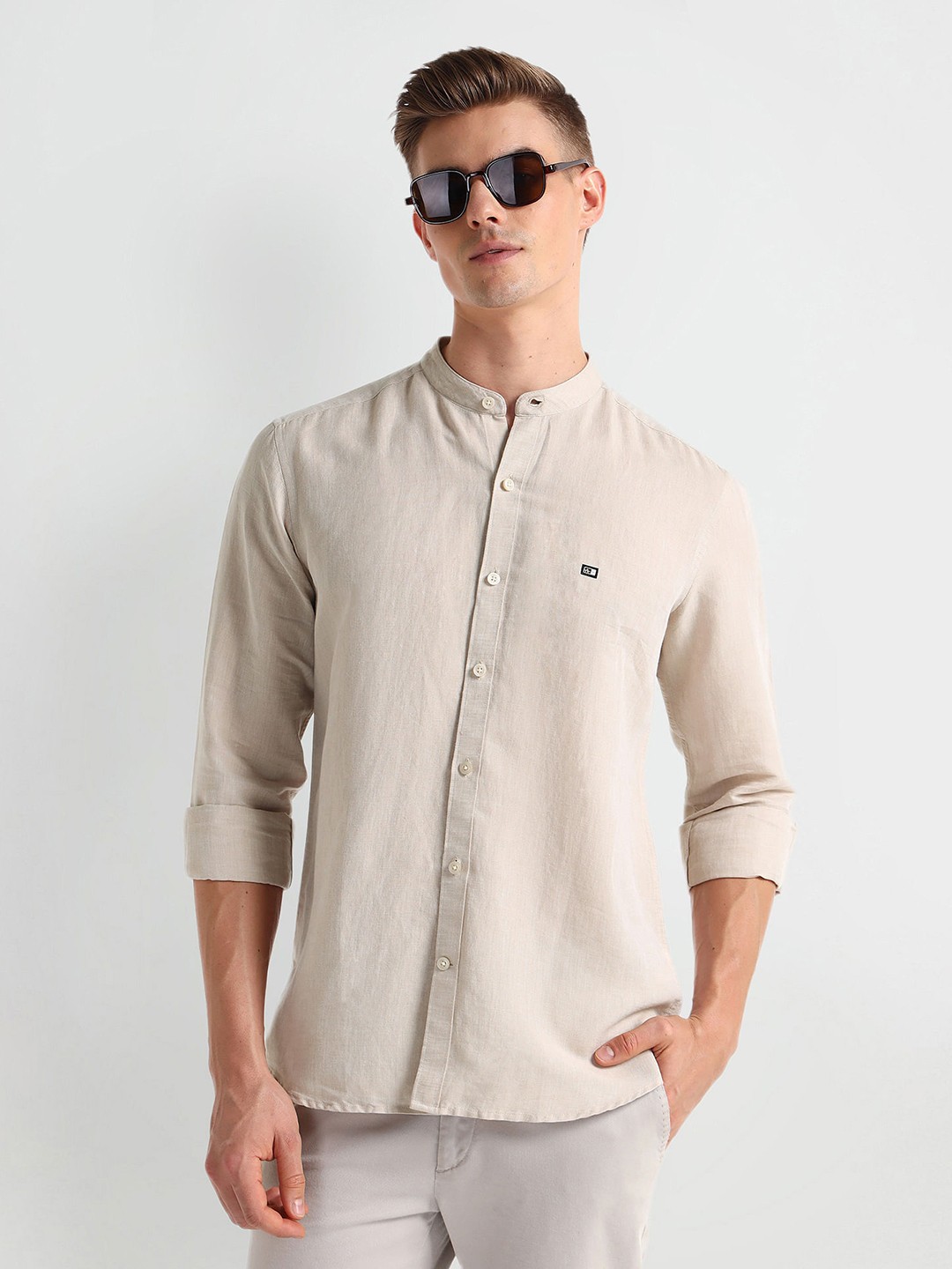 

Arrow Sport Slim Fit Mandarin Collar Linen Casual Shirt, Beige