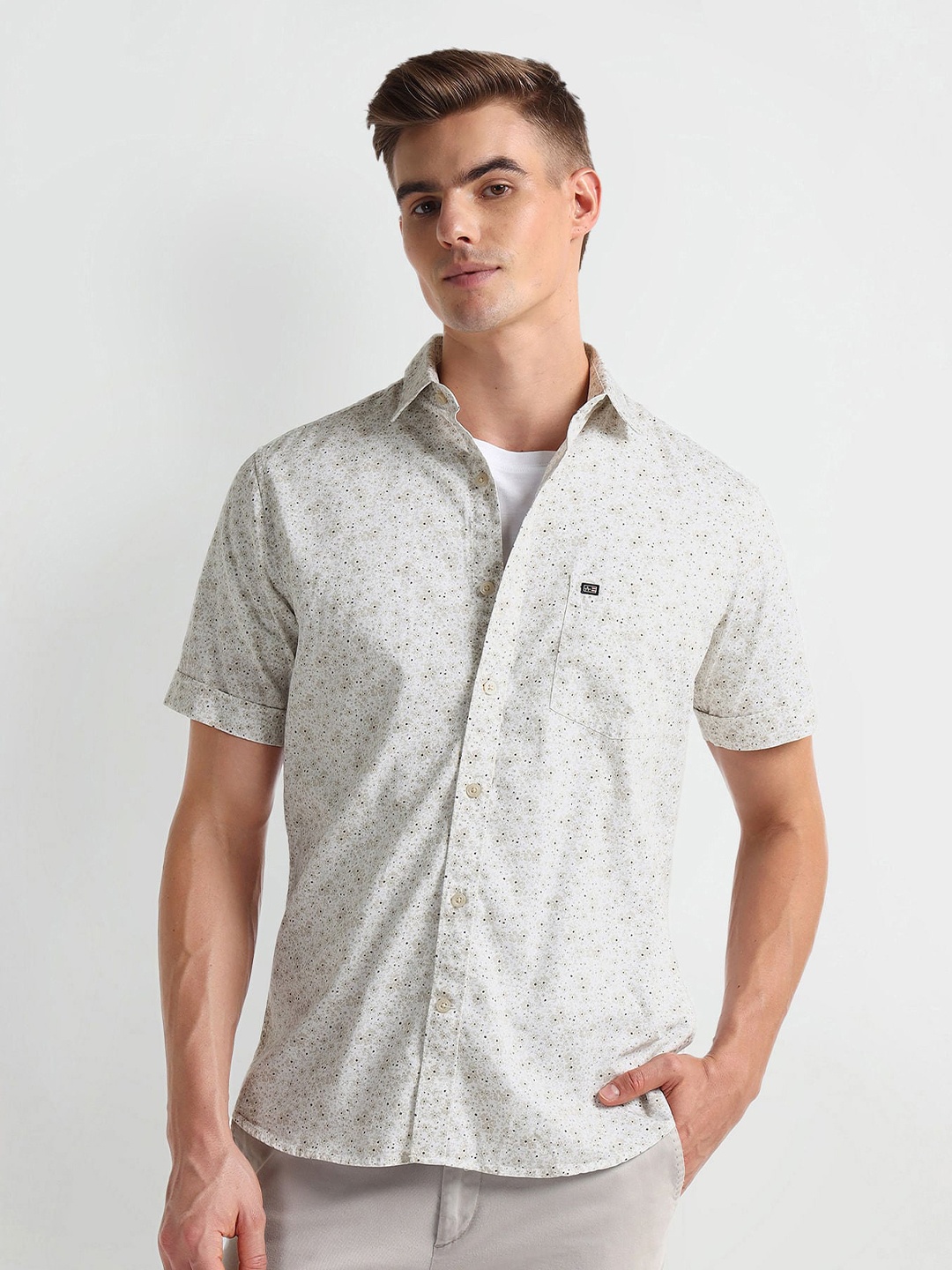 

Arrow Sport Floral Printed Spread Collar Curved Cotton Casual Shirt, Beige