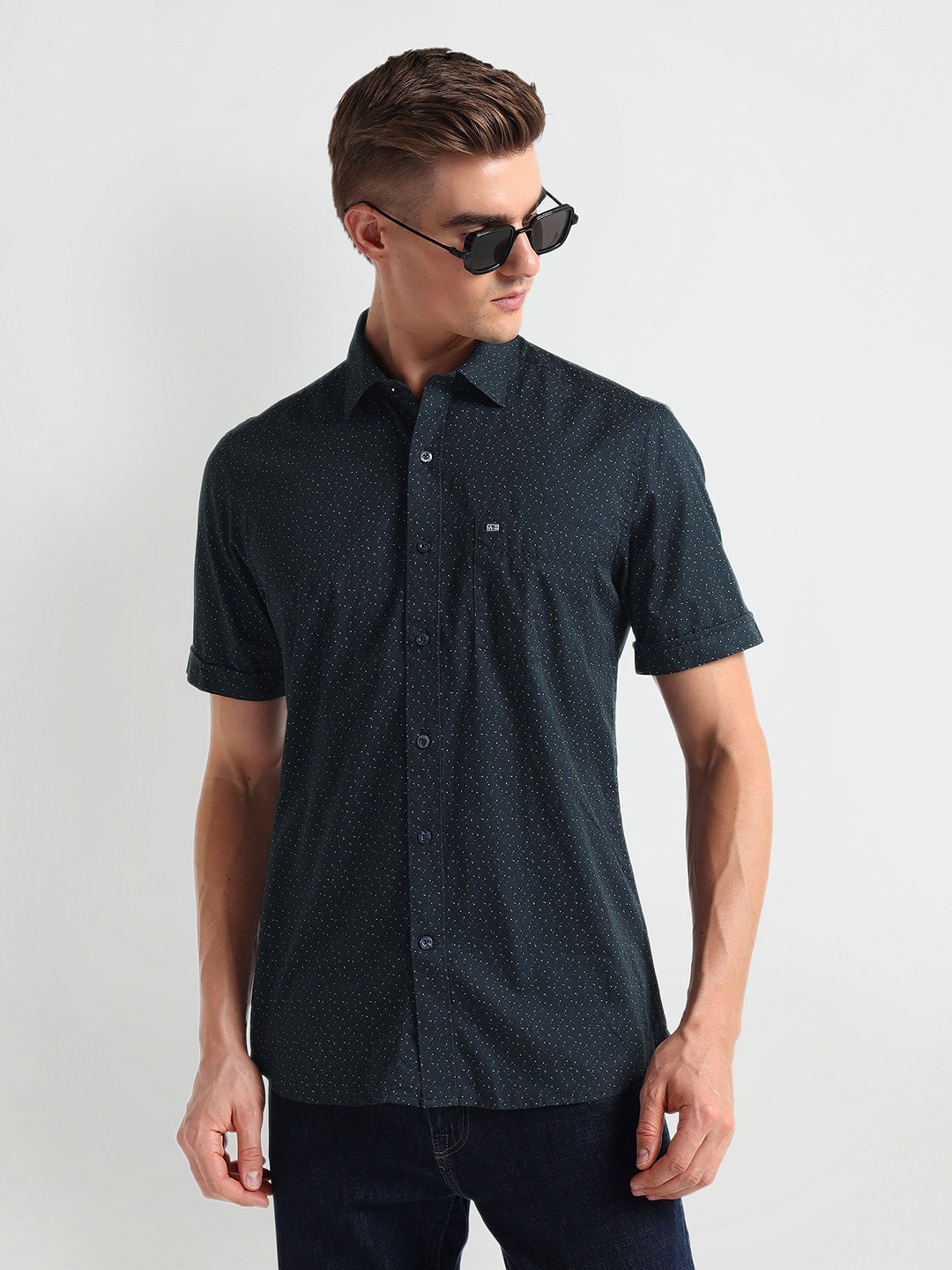 

Arrow Sport Micro Ditsy Printed Spread Collar Curved Cotton Casual Shirt, Blue