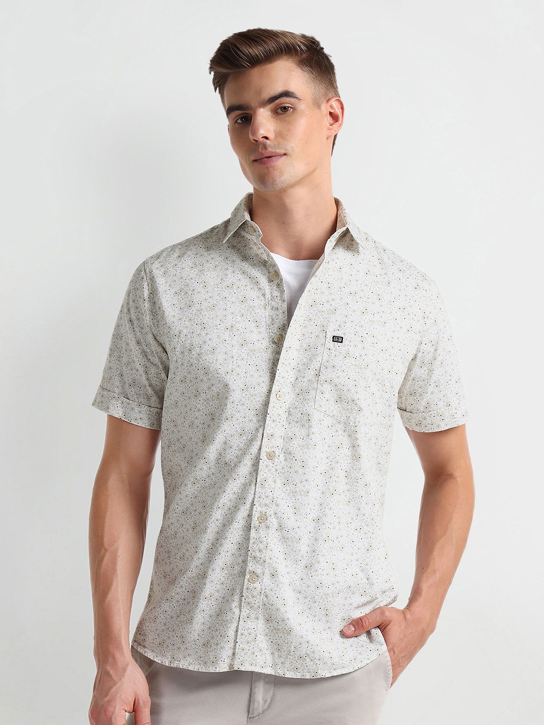 

Arrow Sport Floral Printed Spread Collar Curved Cotton Casual Shirt, Beige