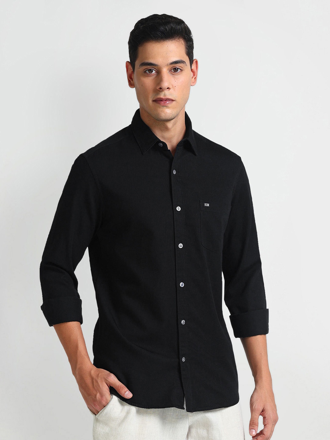 

Arrow Sport Spread Collar Curved Cotton Slim Fit Casual Shirt, Black