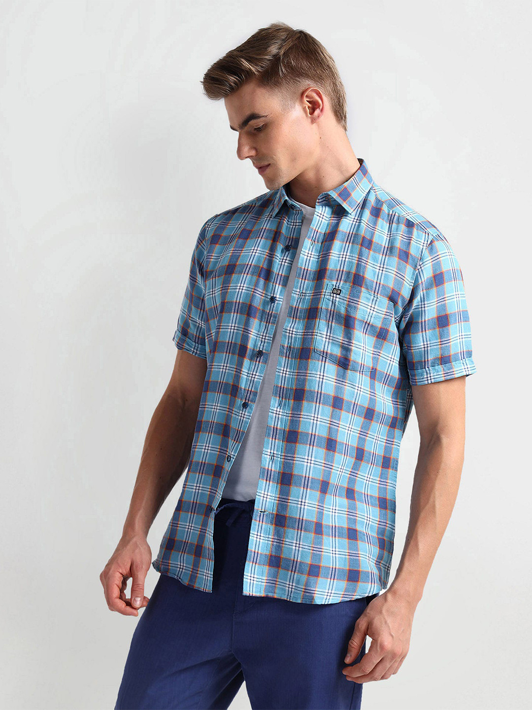 

Arrow Sport Checked Spread Collar Curved Linen Casual Shirt, Blue