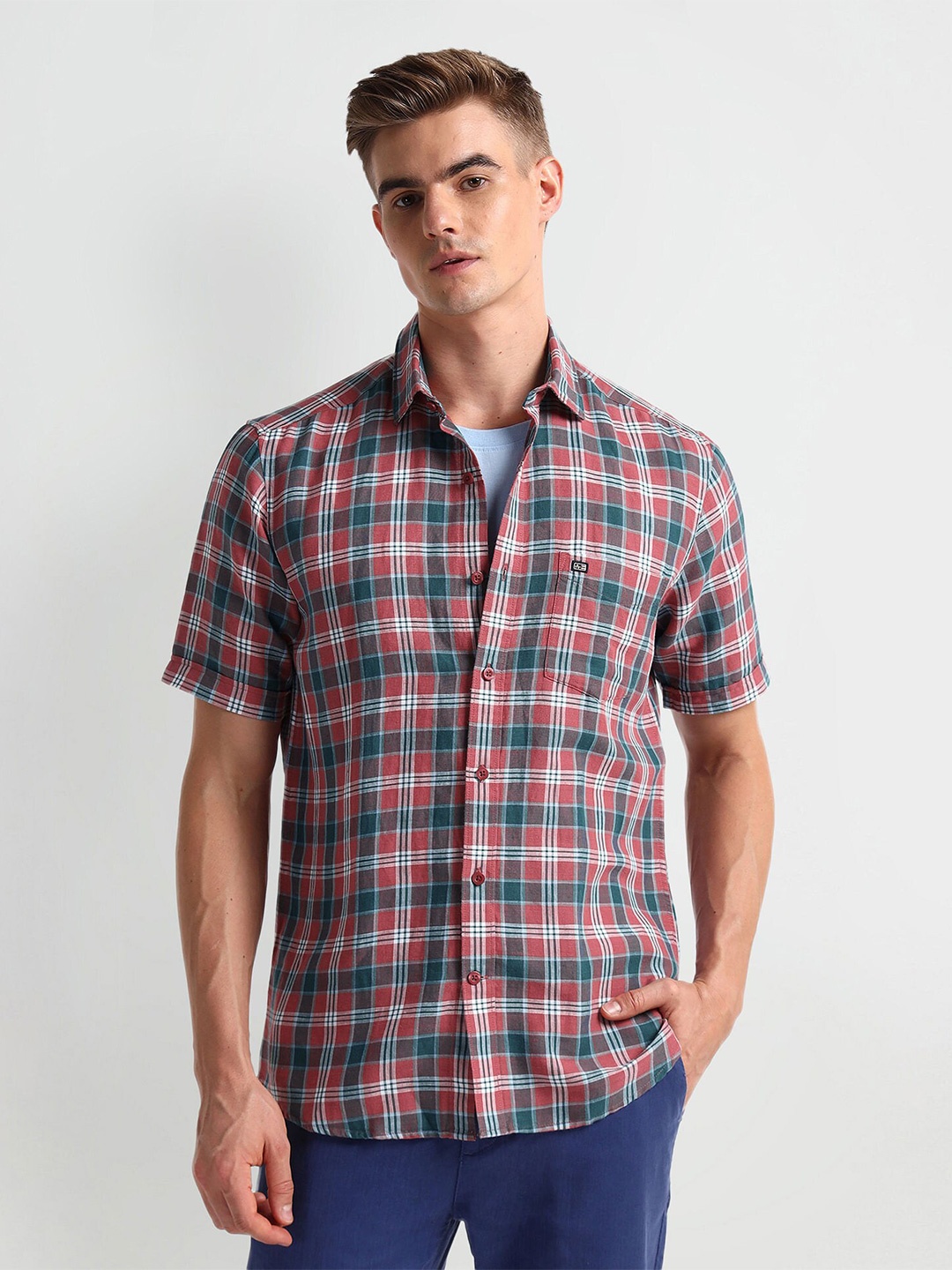 

Arrow Sport Tartan Checked Short Sleeve Casual Shirt, Red