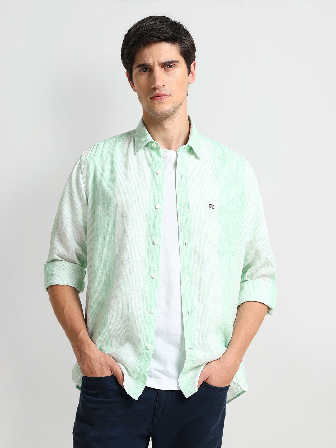 

Arrow Sport Striped Spread Collar Curved Cotton Slim Fit Casual Shirt, Green