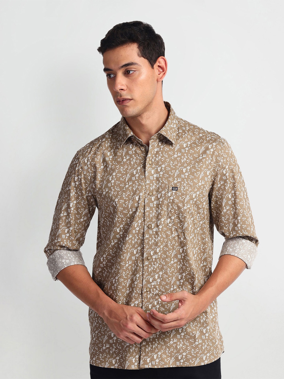 Arrow Sport Slim Fit Floral Printed Cotton Twill Shirt, Brown
