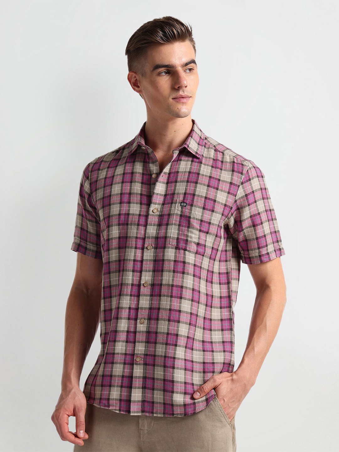 

Arrow Sport Checked Spread Collar Curved Linen Casual Shirt, Pink