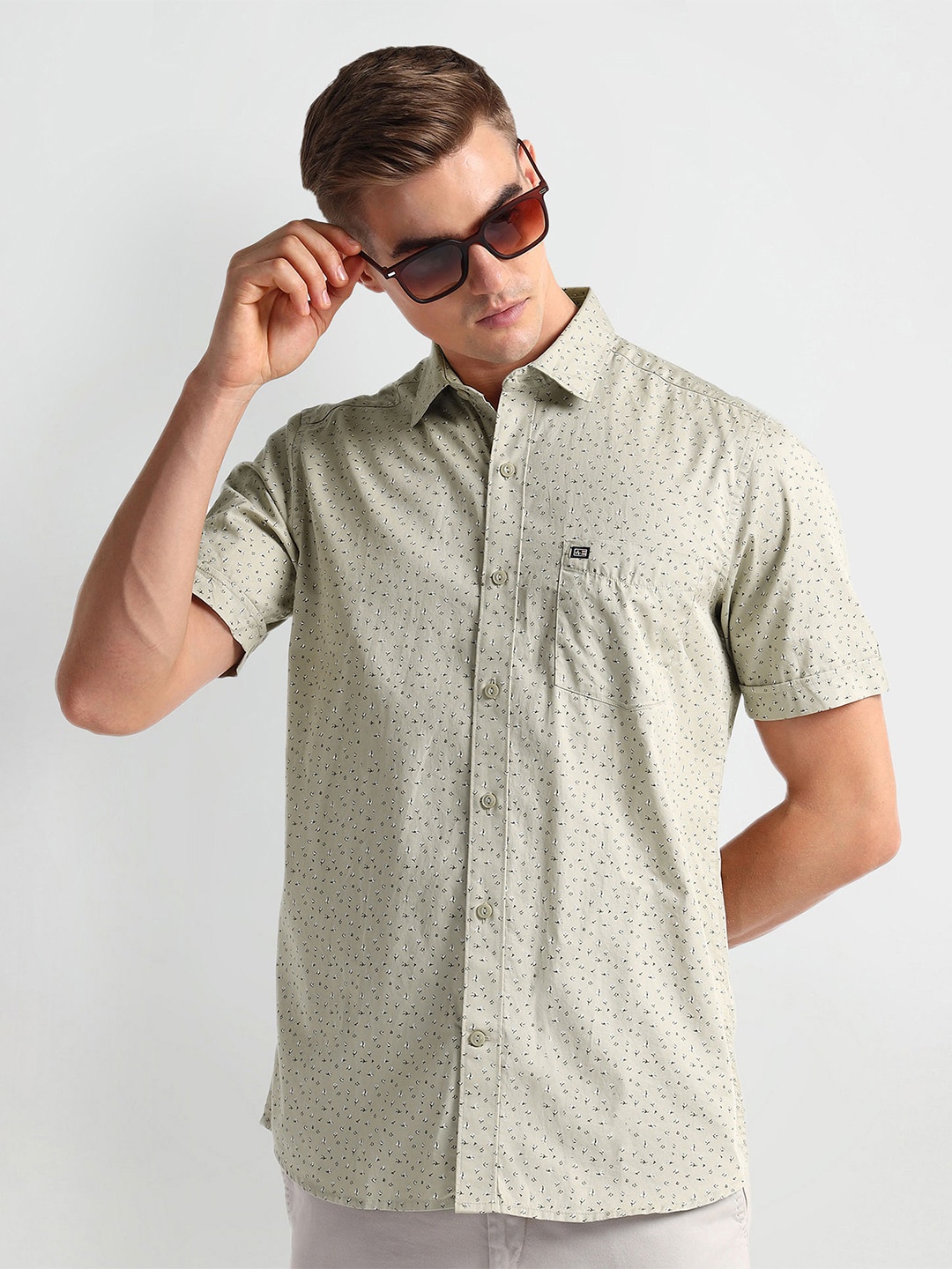 

Arrow Sport Micro Ditsy Printed Spread Collar Curved Cotton Casual Shirt, Beige