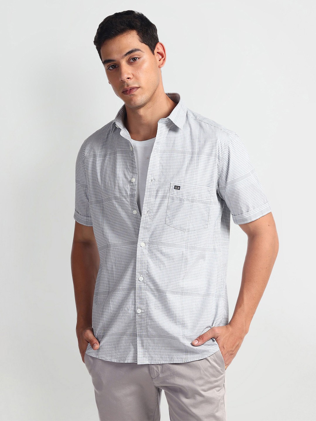 

Arrow Sport Micro Checked Short Sleeves Pure Cotton Casual Shirt, Grey