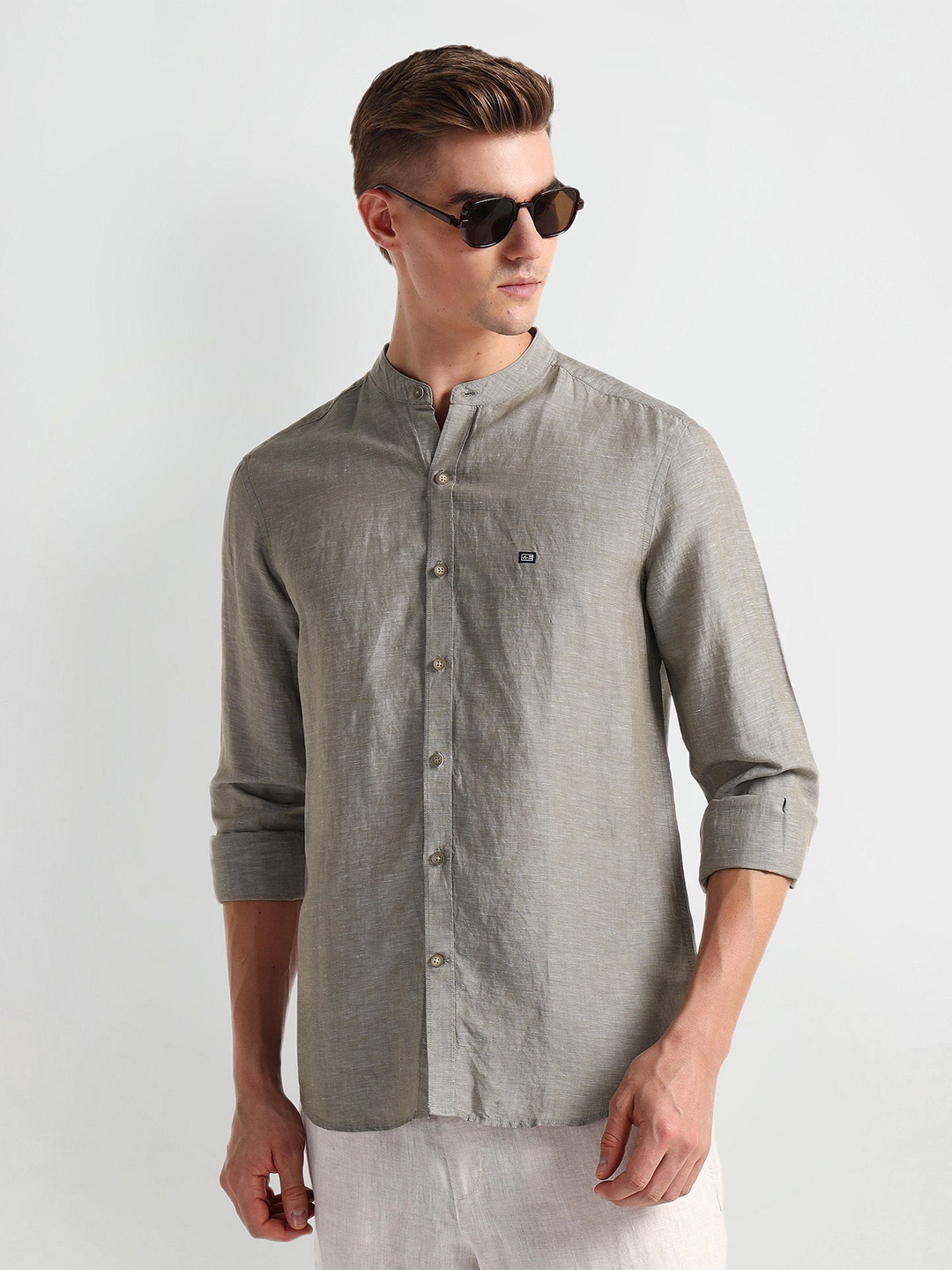 

Arrow Sport Men Slim Fit Mandarin Collar Linen Casual Shirt, Brown