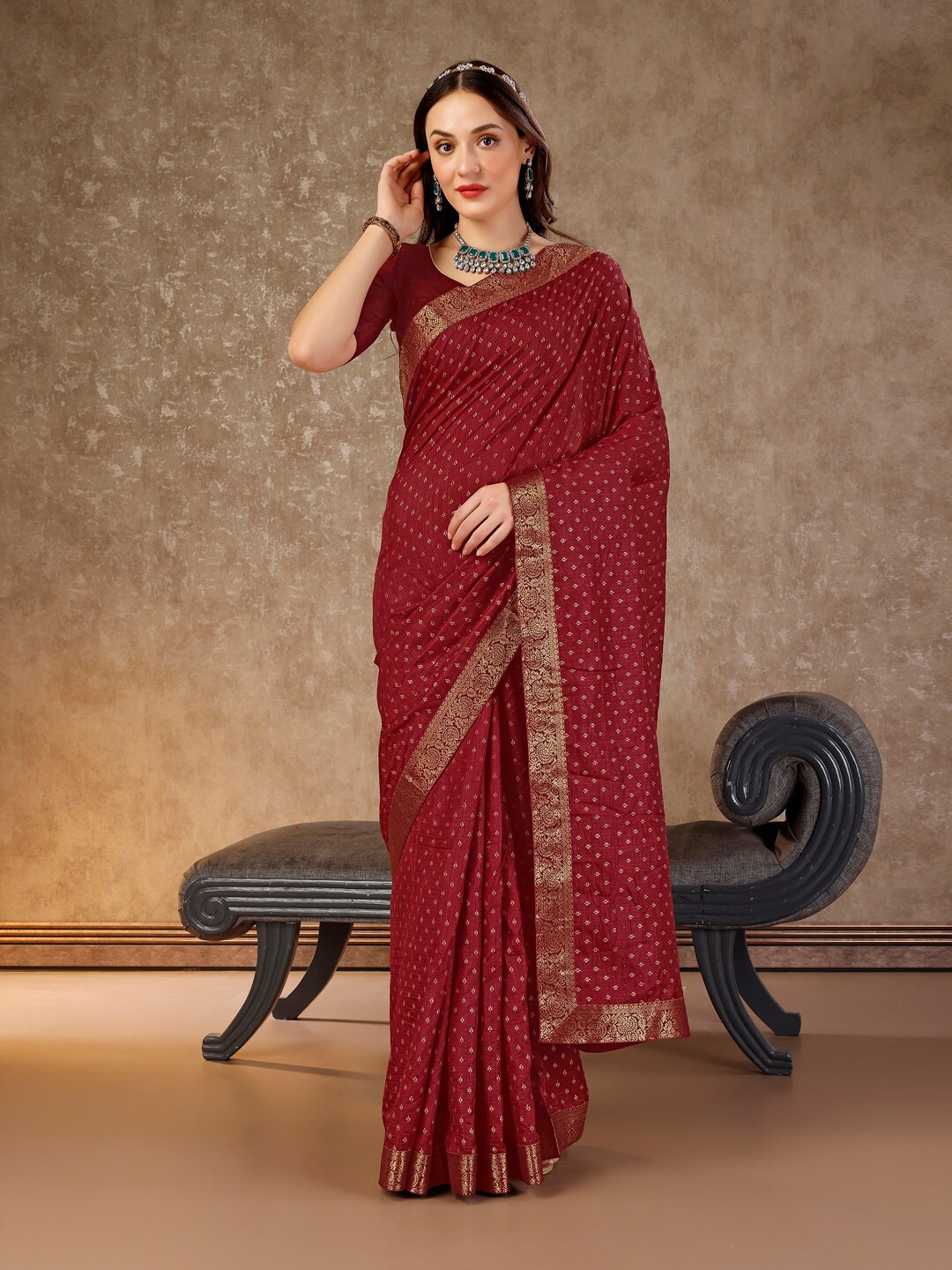 

HERE&NOW Ethnic Motifs Printed Pure Chiffon Saree, Maroon