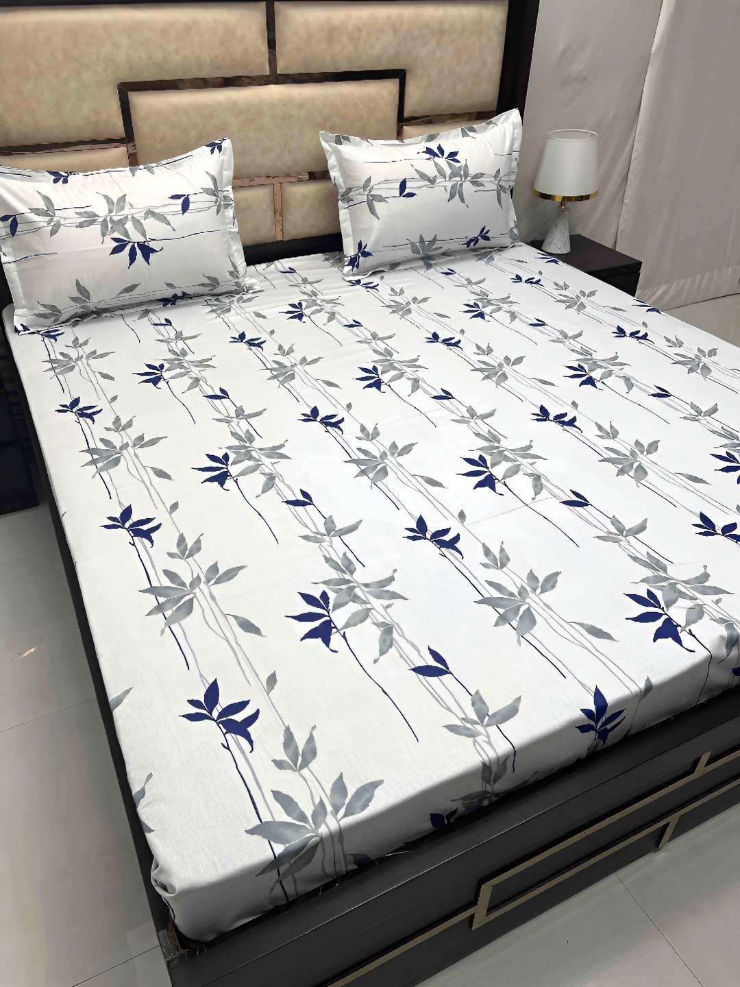 

Pure Decor Blue & Grey Floral 300 TC Cotton King Bedsheet with 2 Pillow Covers