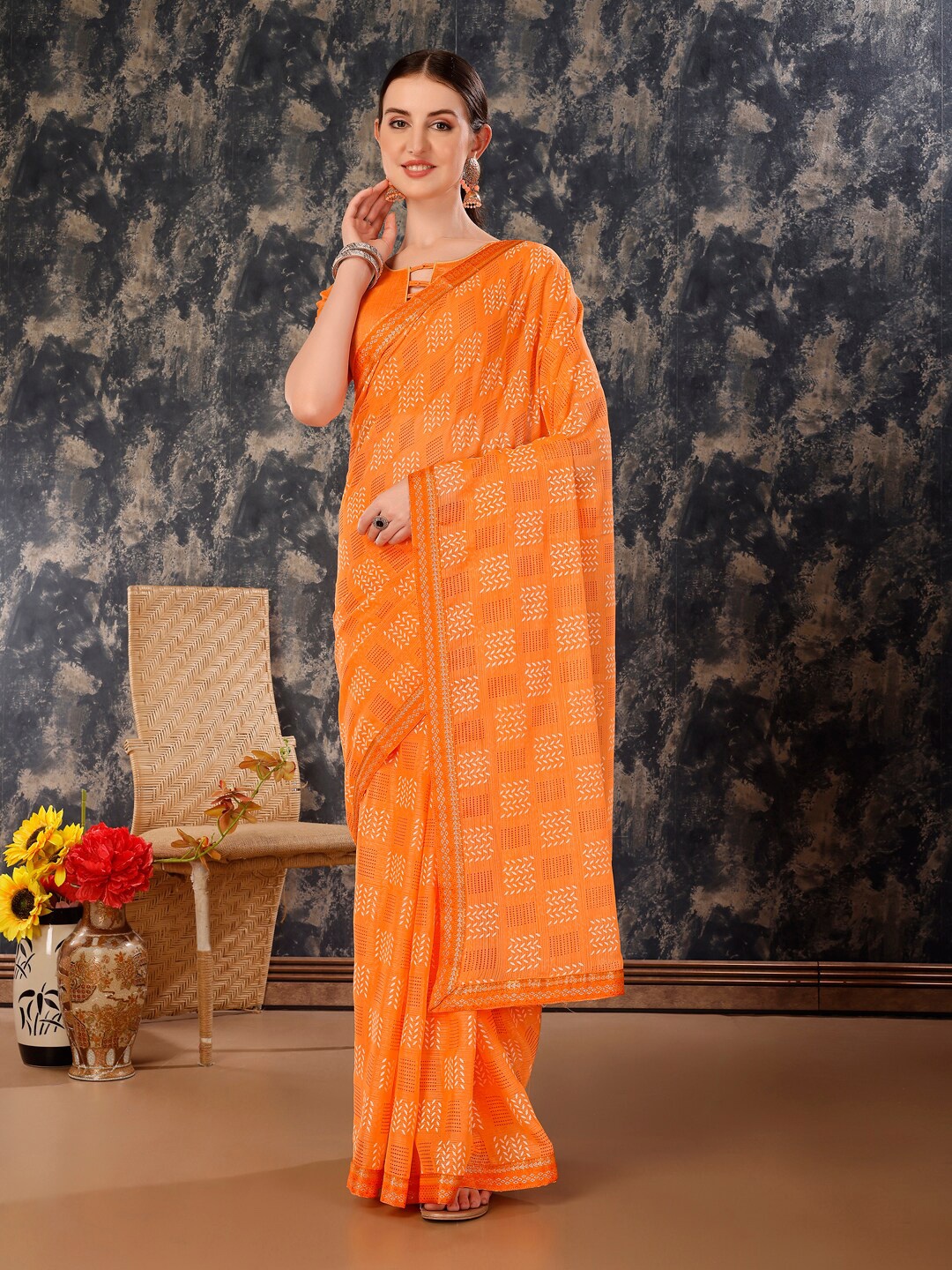 

HERE&NOW Floral Printed Pure Chiffon Saree, Orange
