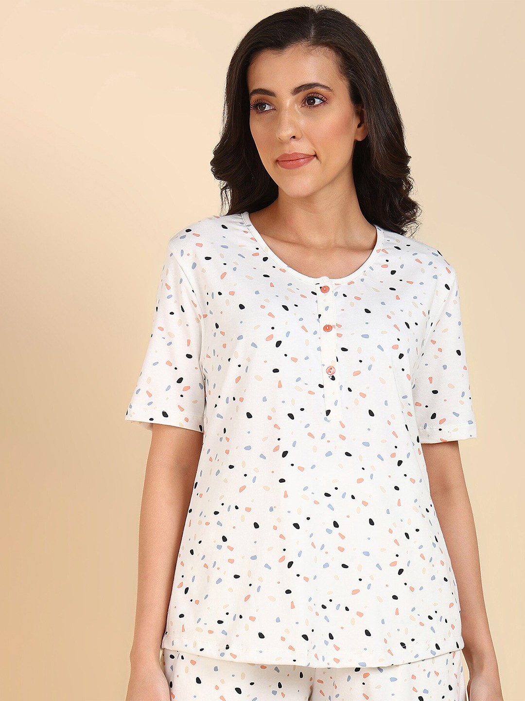 

House Of Zelena Printed Round Neck Pure Cotton Maternity Lounge T-shirt, White