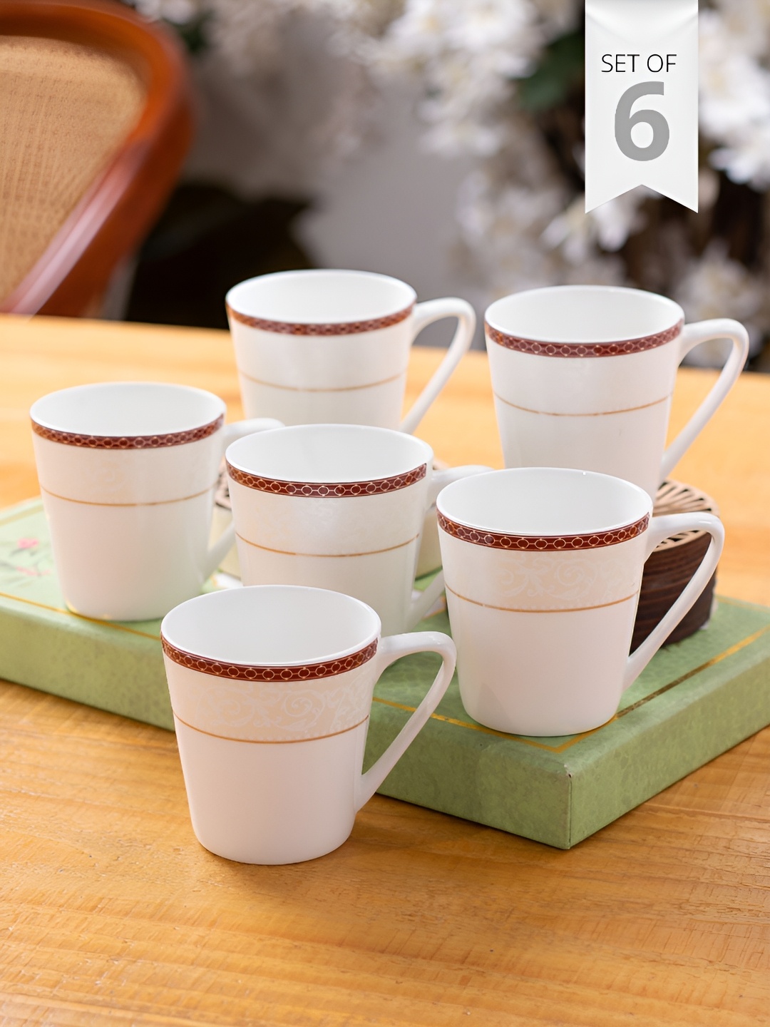 

CLAY CRAFT Rock White & Maroon 6Pcs Textured Ceramic Glossy Easy to Clean Cups 160ml Each